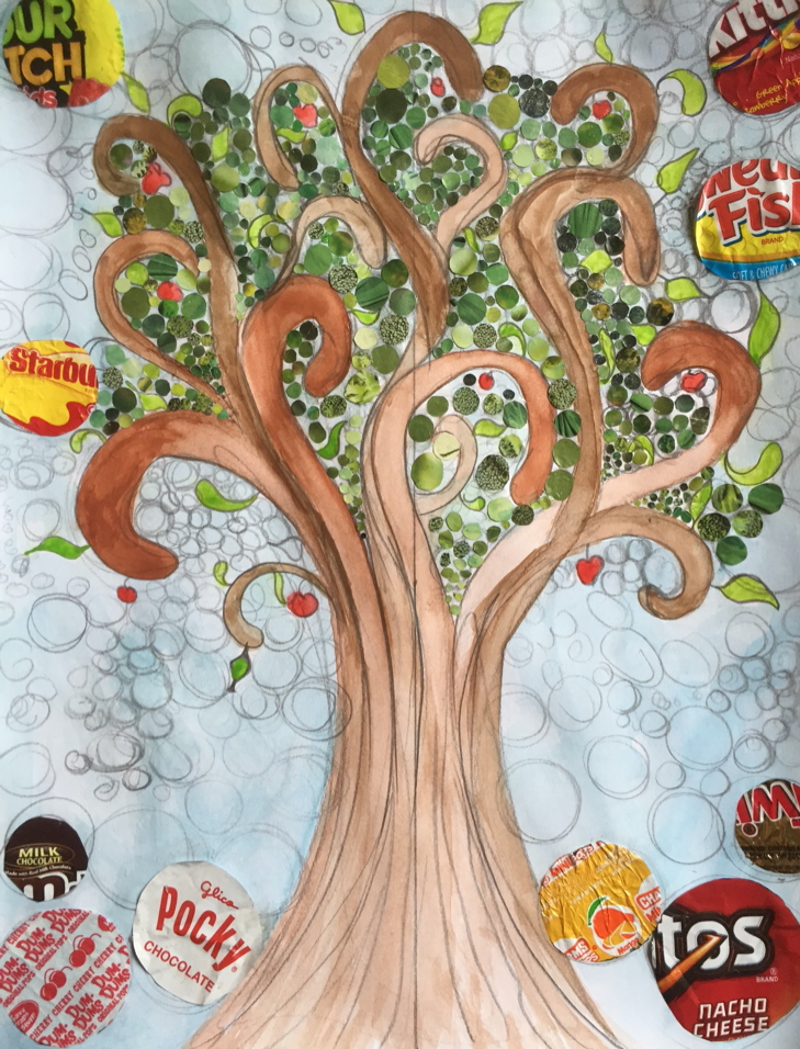 A painting of a tree surrounded by cutouts of magazines, candy, and snack wrappers.