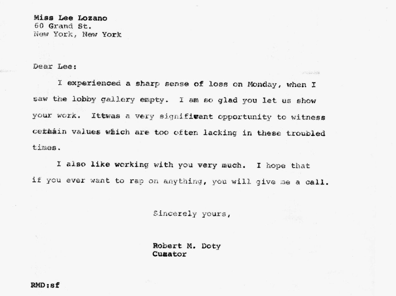 A short, typed letter addressed to painter Lee Lozano. 