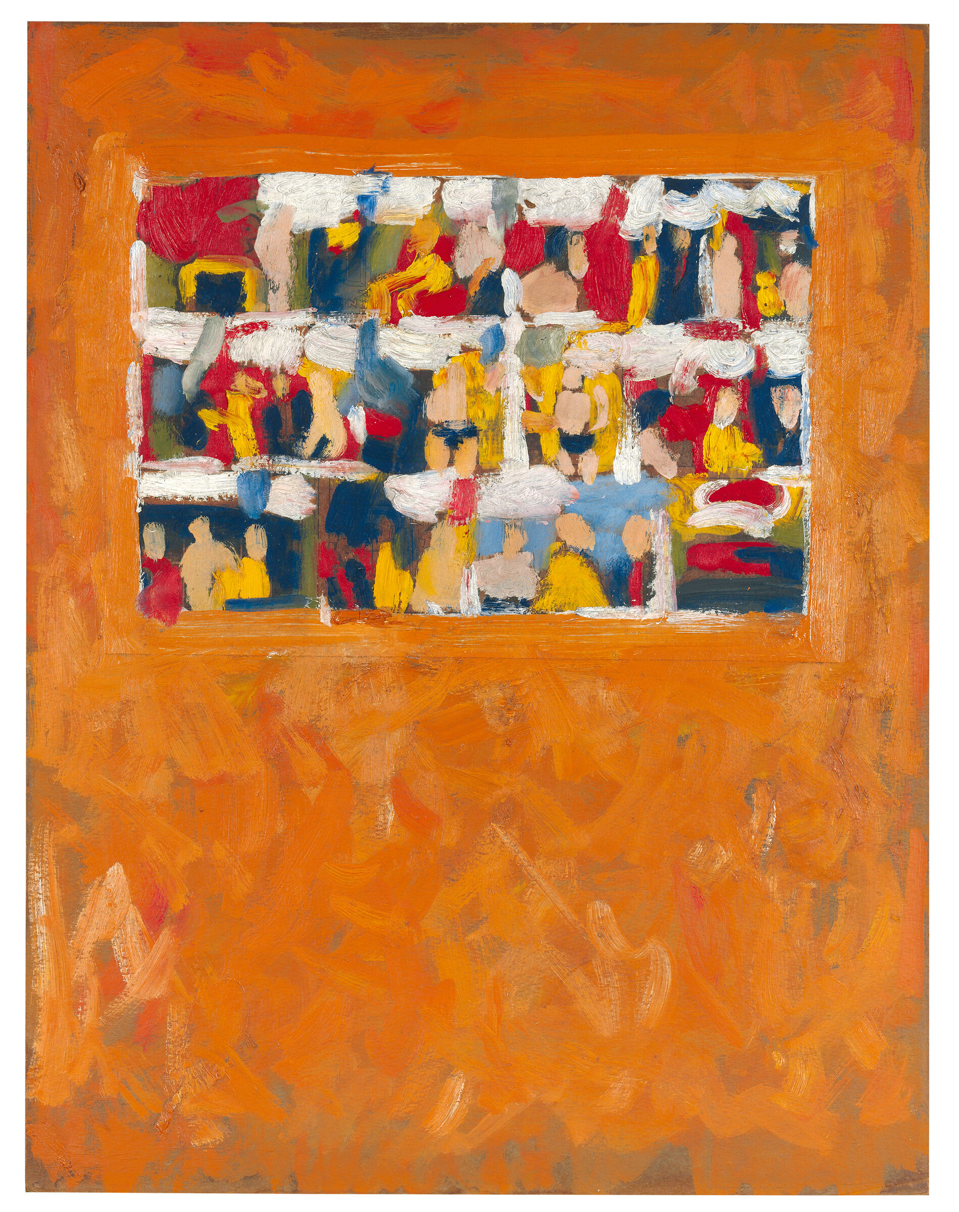 Abstract rectangle of multicolored brushstrokes, set into the top half of an orange color field.