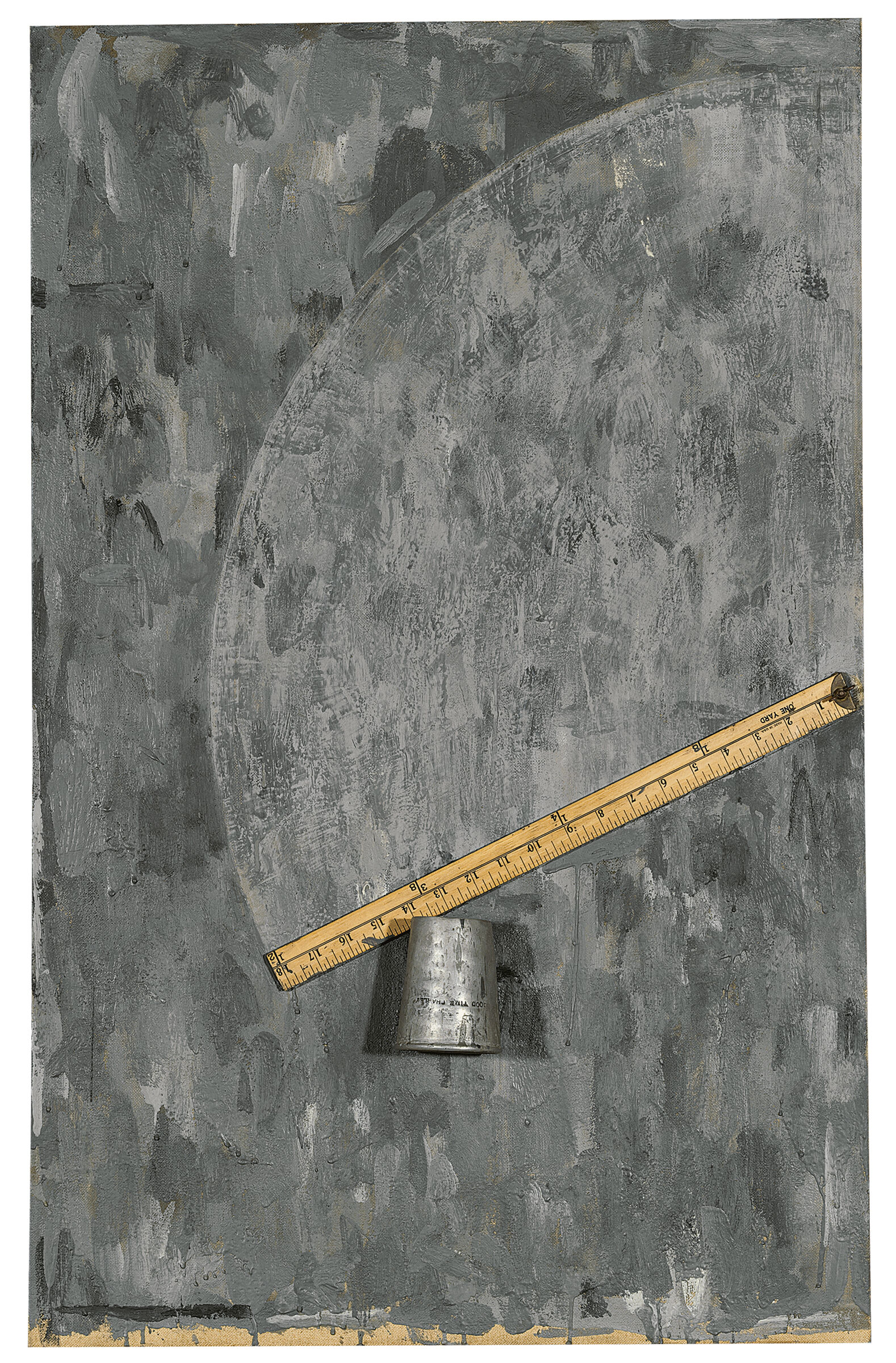 Tin cup and wooden ruler on a background of gray brushstrokes.