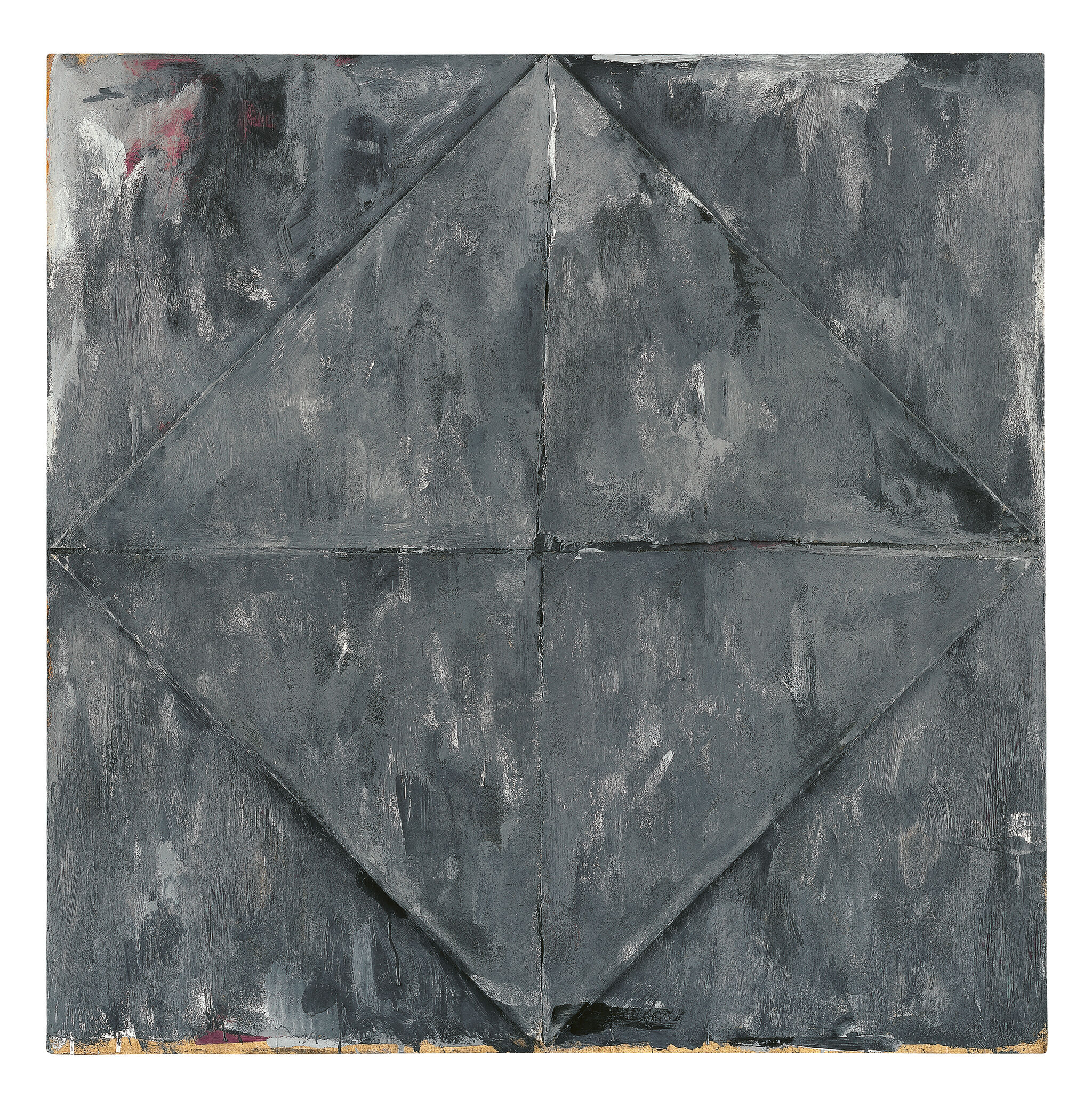 Square composition of gray brushstrokes, with the shape of a diamond, divided into four equal sections, subtly offset against the background.