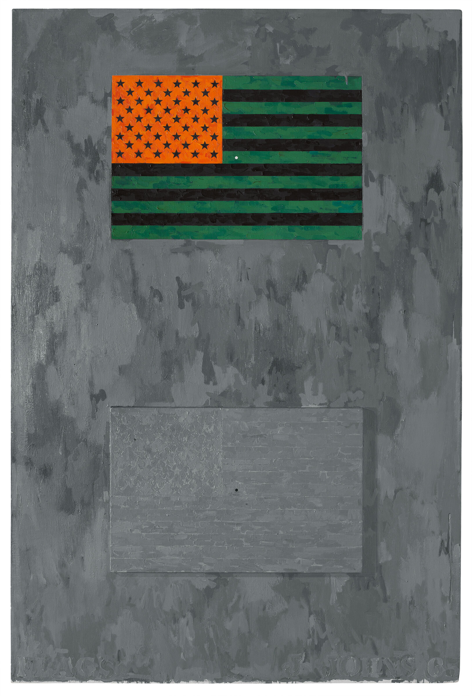 Orange, green, and black American flag in the top half of the composition, mirrored by an all-gray American flag in the bottom half, and both set against a background of gray brushstrokes in varying hues.