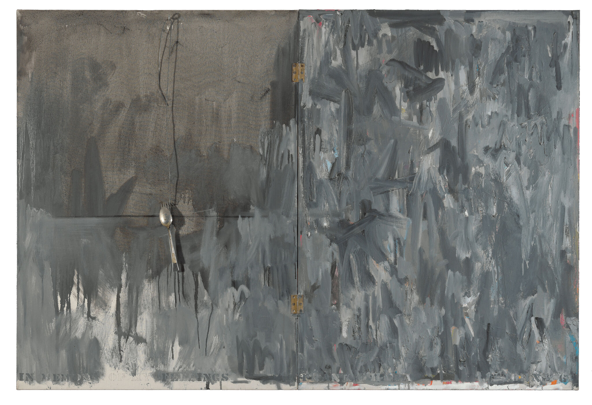 Rectangular composition of gray, sketchy brushstrokes, bisected in half vertically by a thin black line and two hinges; the left half of the composition is bisected horizontally, with the top half painted in a warmer gray, and with a fork and spoon hung by a string pinned to the top of the left side of the painting.
