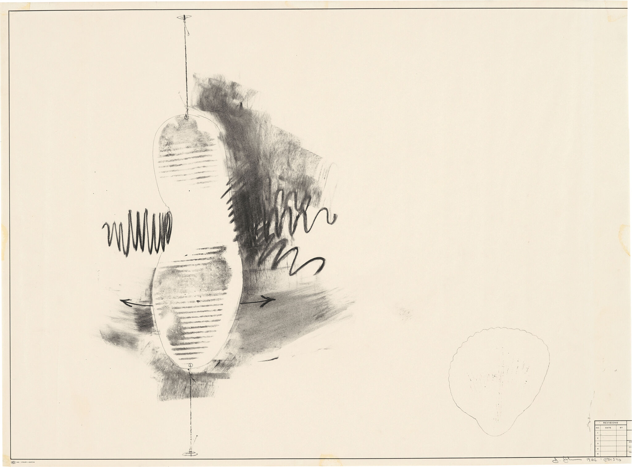 Sketch of an upside-down shoe sole, suspended by a vertical line on the left-hand side of the rectangular composition, and surrounded by shadowy charcoal smudges and squiggles, with arrows arcing out to the left and right of the show, indicating motion.