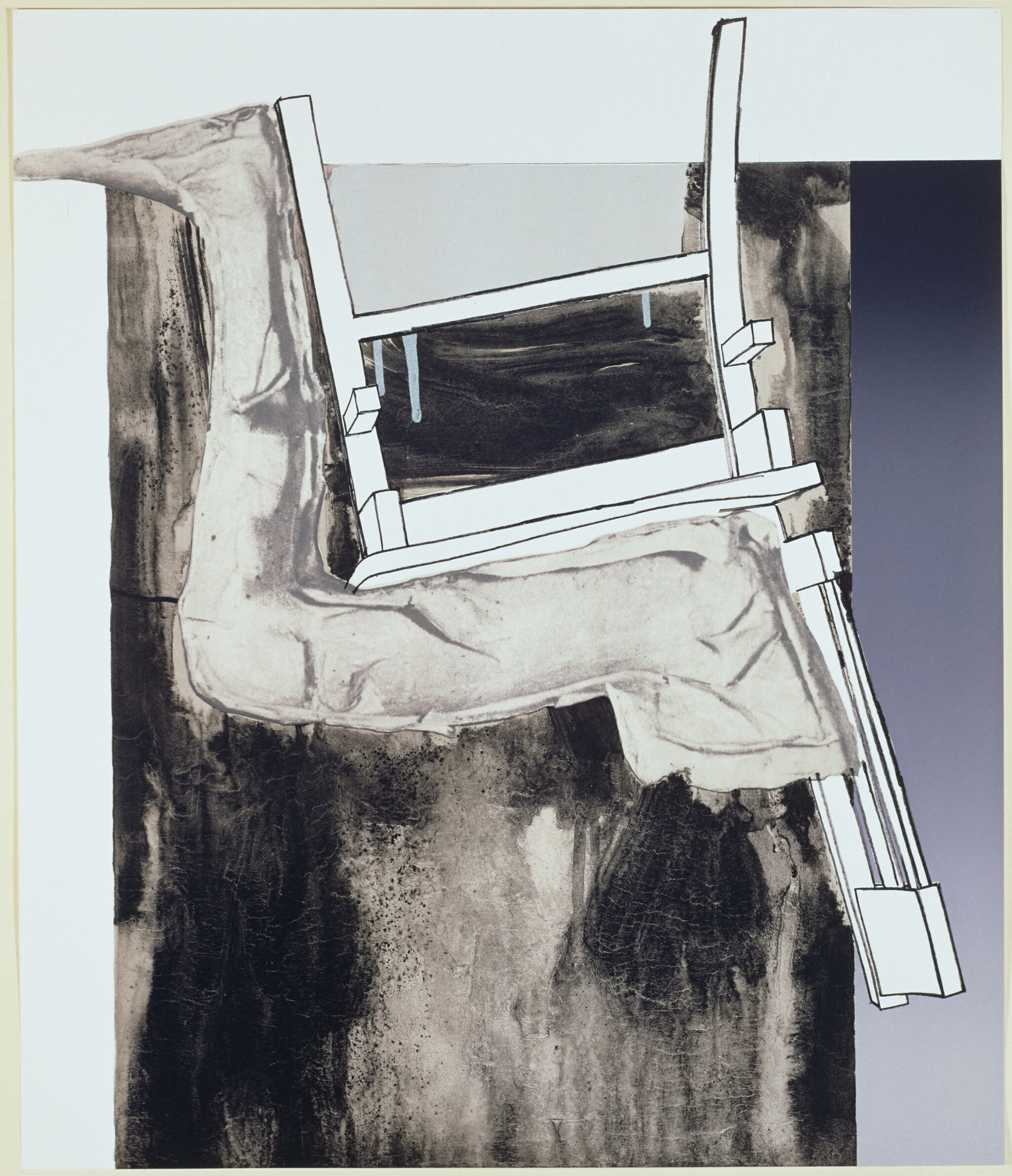 Abstract composition of an upside-down sketched chair with a single leg seated in it, which spills over its background of rectangles treated with mottled white and black, and blue-gray gradient.