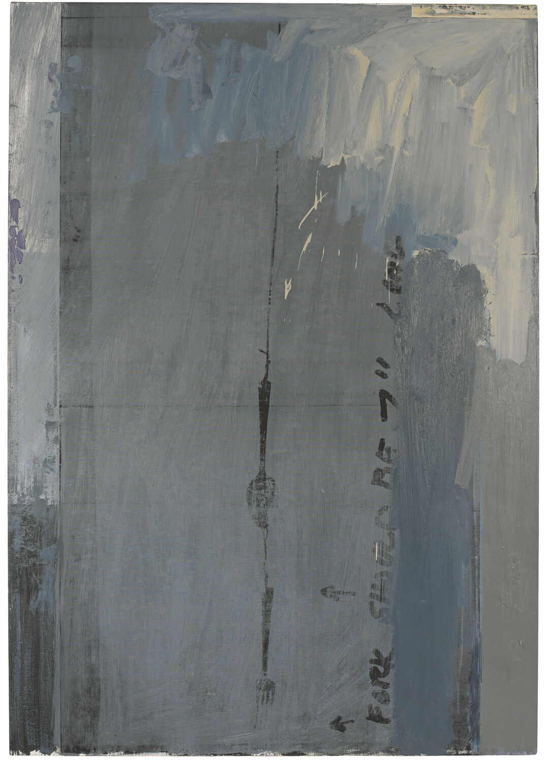 Tall rectangular composition of gray, white, and blue painterly brushstrokes, with the shadowy image of a fork and spoon suspended by string down the middle of the composition; inscription that runs vertically up the right side of the painting, pointing to the central image with two arrows, reads "FORK SHOULD BE 7" LONG".