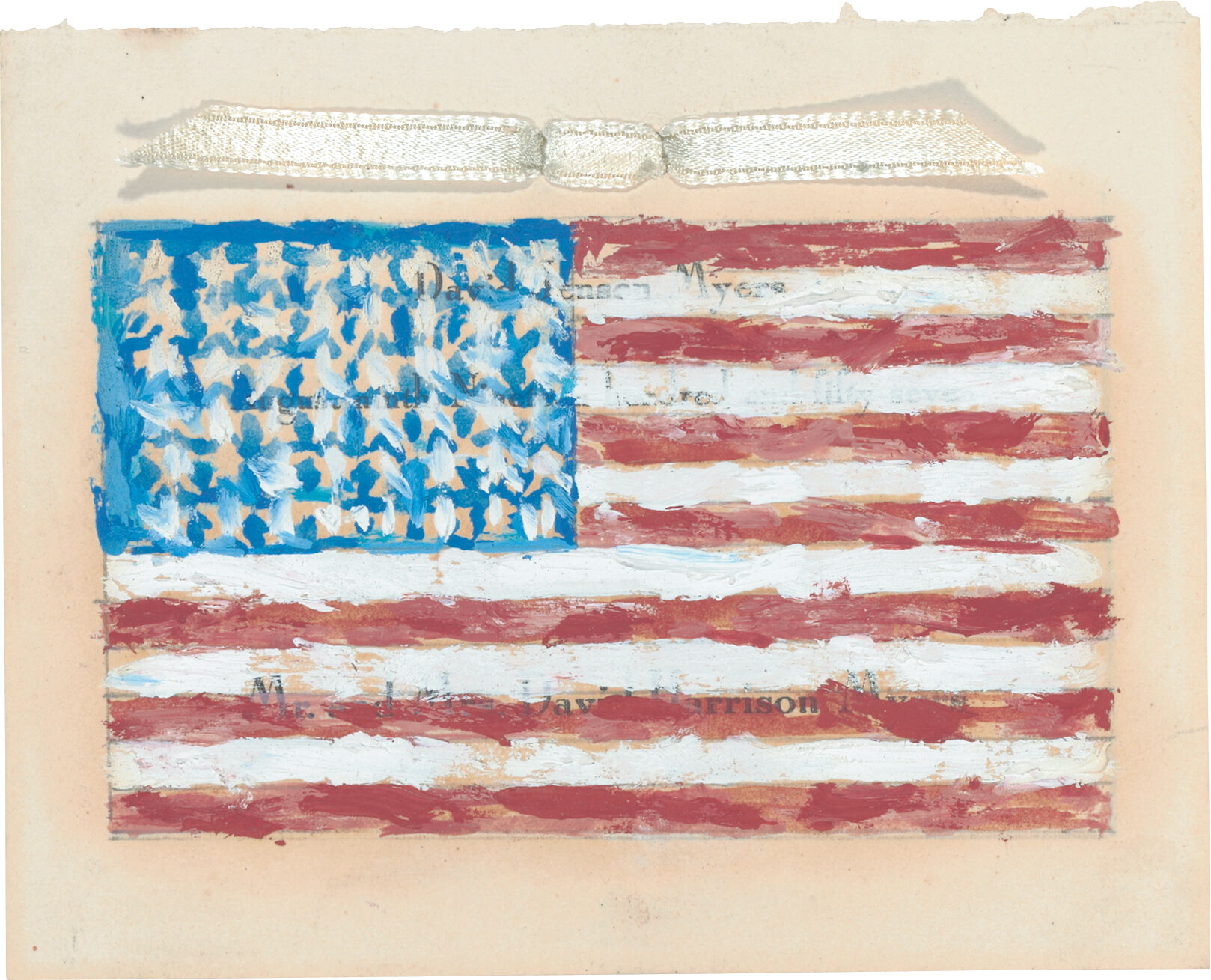 Loosely painted American flag, with names showing through from beneath the paint, with a fragment of white ribbon stretching out above the flag.