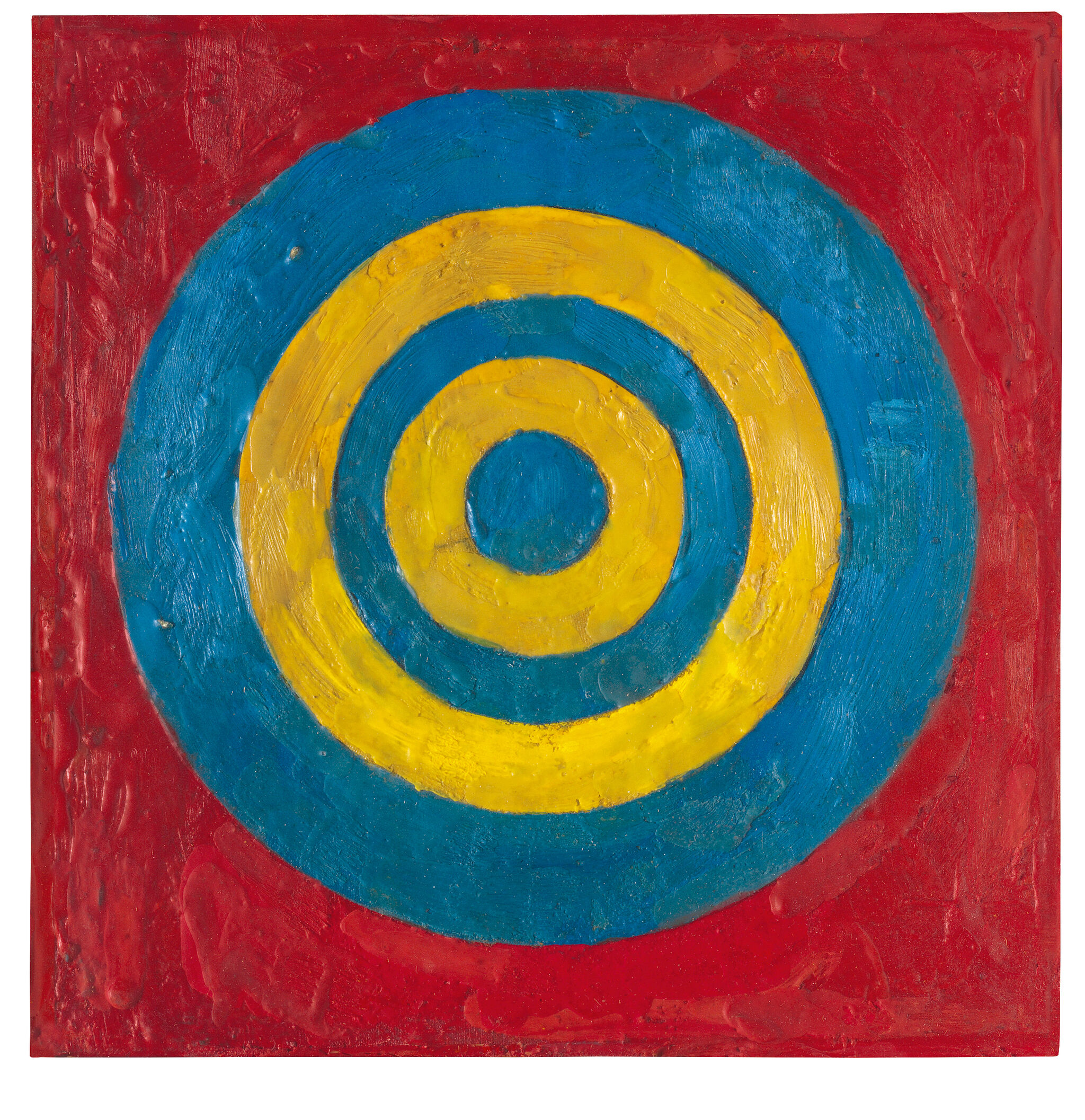 Blue-and-yellow target against red background.