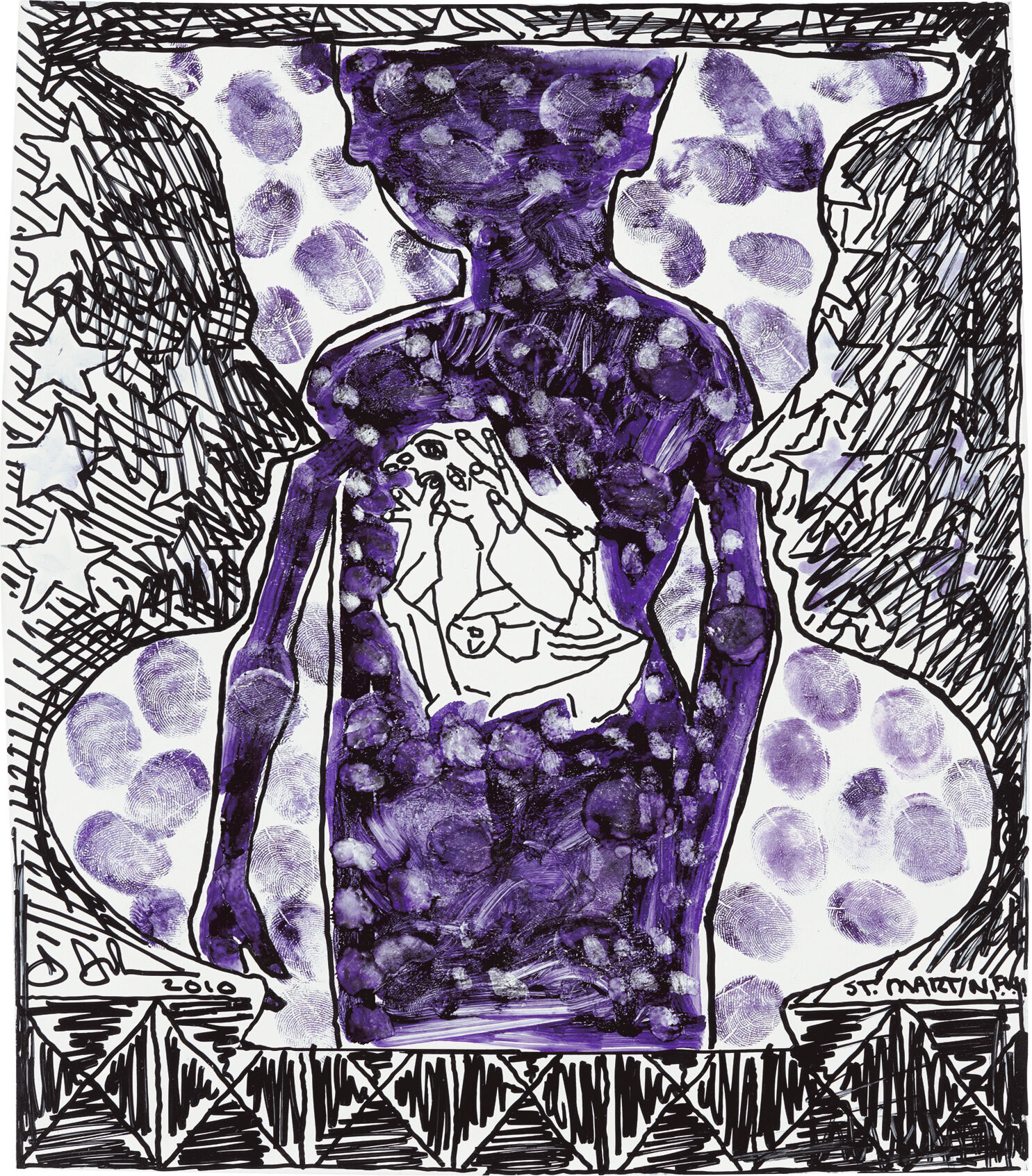 Black, purple, and white drawing dominated by the central figure of a torment crouched person inside the borders of a larger silhouette of a child, surrounded by purple fingerprints, scribbles, stars, and a geometric pattern along the bottom edge of the composition.