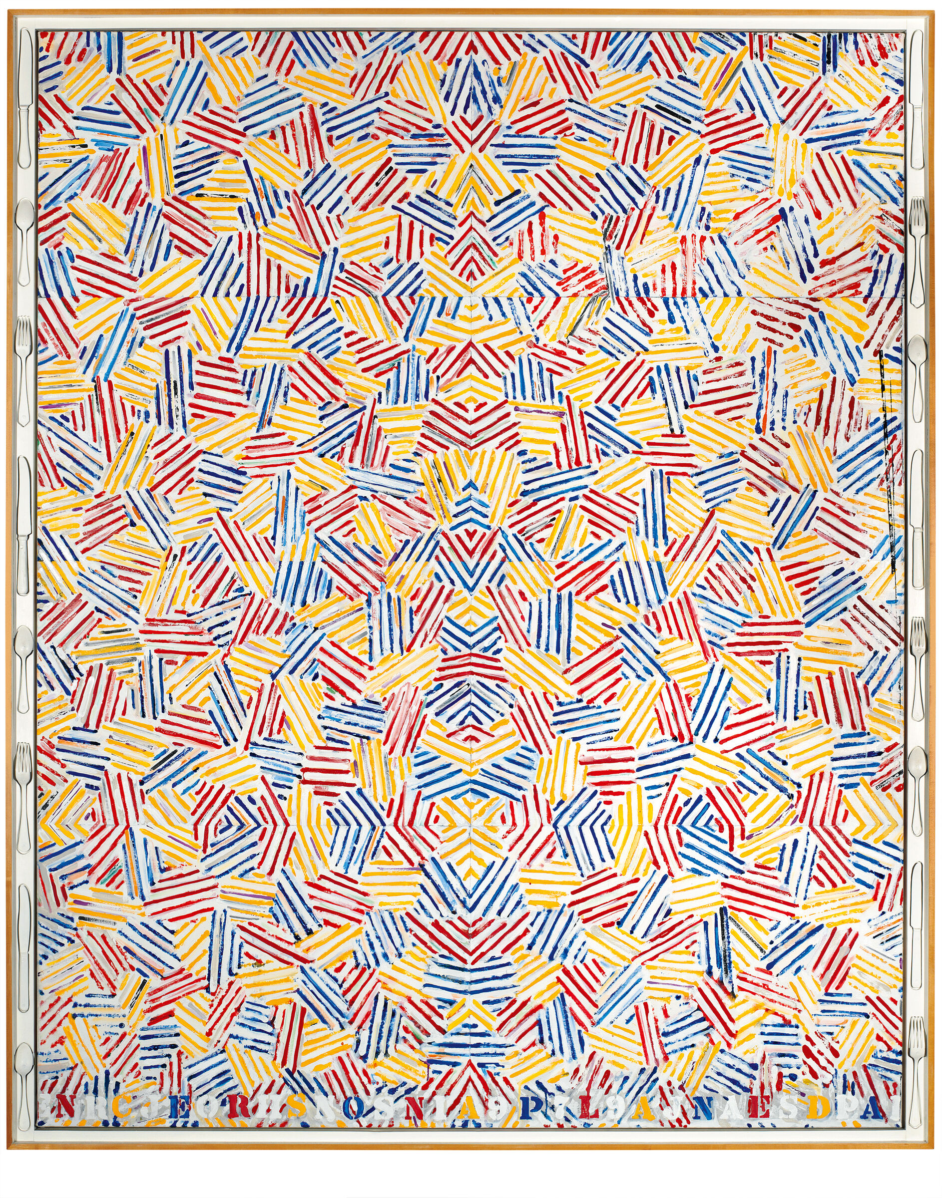 Tessellation of red, yellow, and blue striped patches, with alternating stencil lettering at the bottom edge of the composition reading "DANCERS ON A PLANE JASPER JOHNS 1979", and with spoons, forks, and knives running outside the left and right sides of the painting.