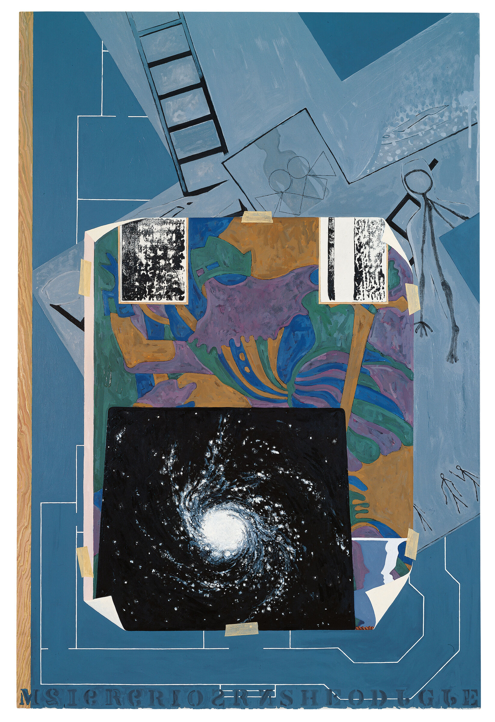 Tall rectangular painted collage, including a blueprint, photograph of a solar system, a taped-on abstract painting, and sketched stick figures.
