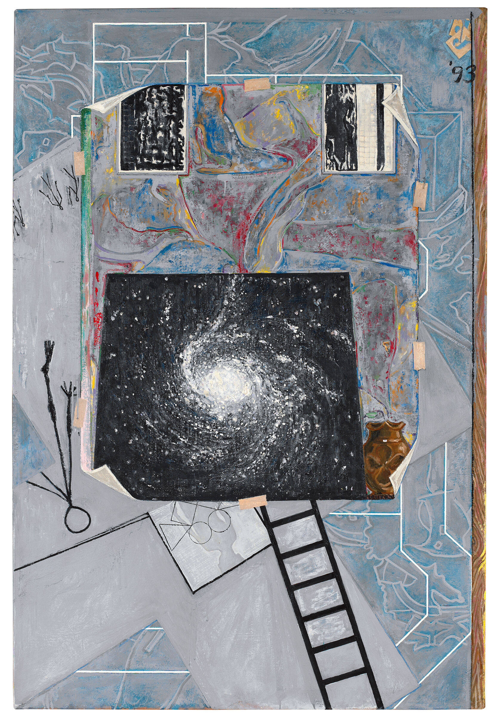 Tall rectangular painted collage, including a blueprint, photograph of a solar system, a taped-on abstract painting, and sketched stick figures.