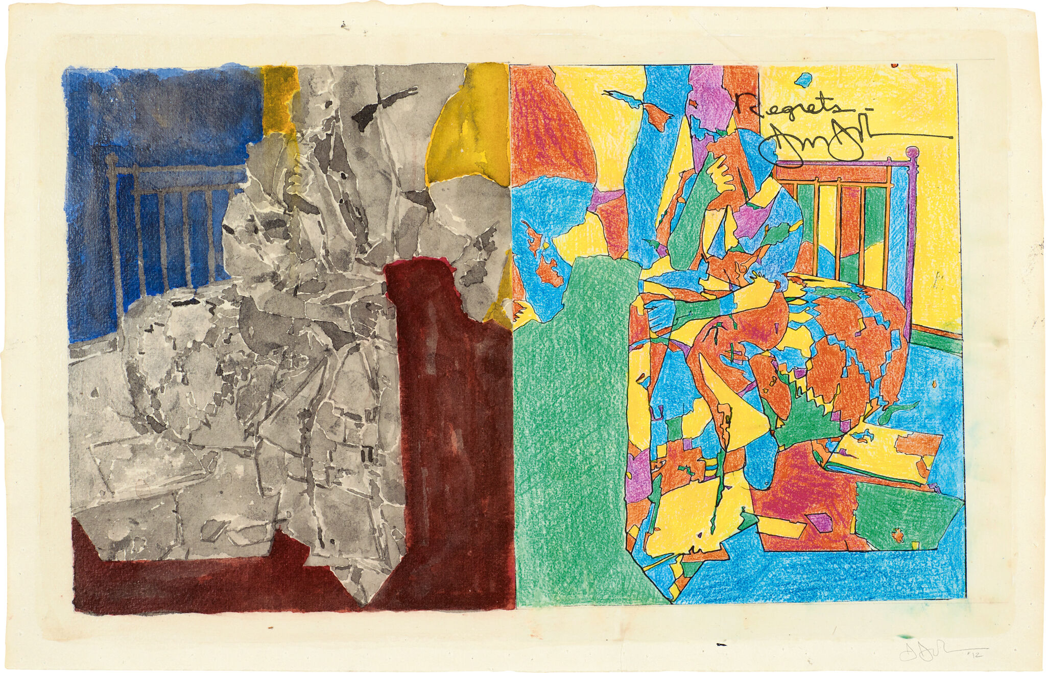 Wide rectangular composition vertically bisected into two equal halves. The right half is a colorful contour drawing of a figure sitting upright in bed, while the left half mirrors this image but without the linear outlines and rendered in shades of gray, as well as muted red,  blue, and yellow.
