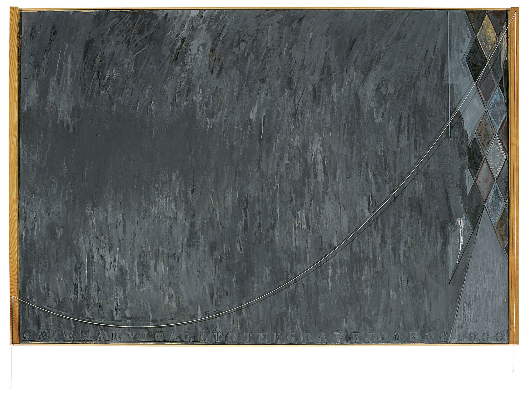 Wide rectangular composition of blue-gray brushstrokes, with a vertical band of a muted colorful diamond pattern running down most of the right-hand side; string pinned to the left and right sides of the frame and arcs across the composition from the lower left to the upper right corners.