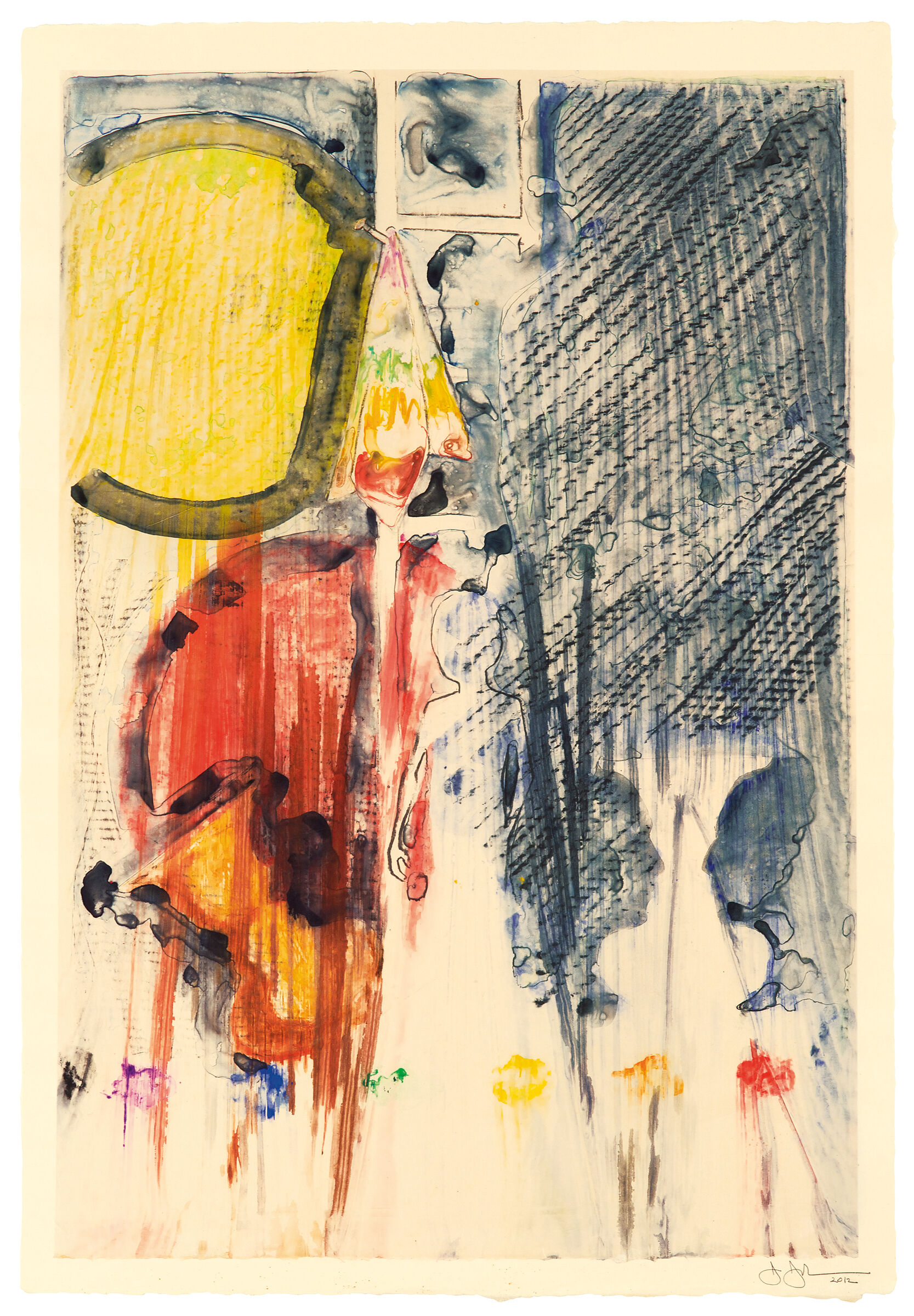 Abstract composition of blue, yellow, and red on cream-colored paper, with subtle images like human silhouettes and a pinned piece of fabric embedded into the fields of color and pattern.