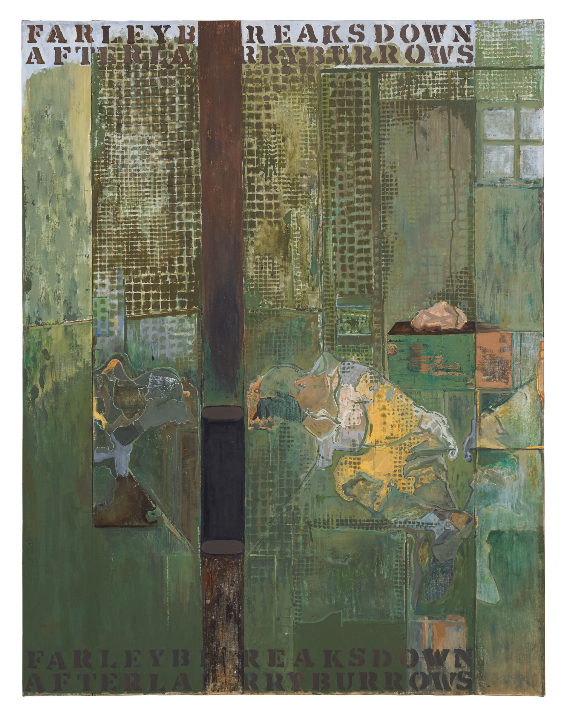 Green and brown composition of layered rectangles in different hues and patterns, with brown stenciled lettering that runs along both the top and bottom edges of the composition: "FARLEY BREAKS DOWN AFTER LARRY BURROWS".