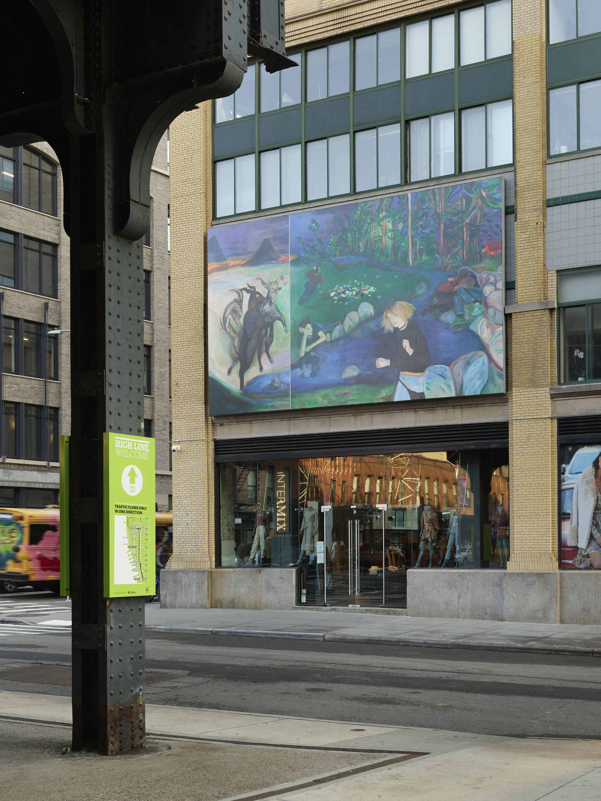 A large billboard comprised of Jill Mulleady's piece, We Wither Time into a Coil of Fright, is installed on the side of a building above two glass doors. 