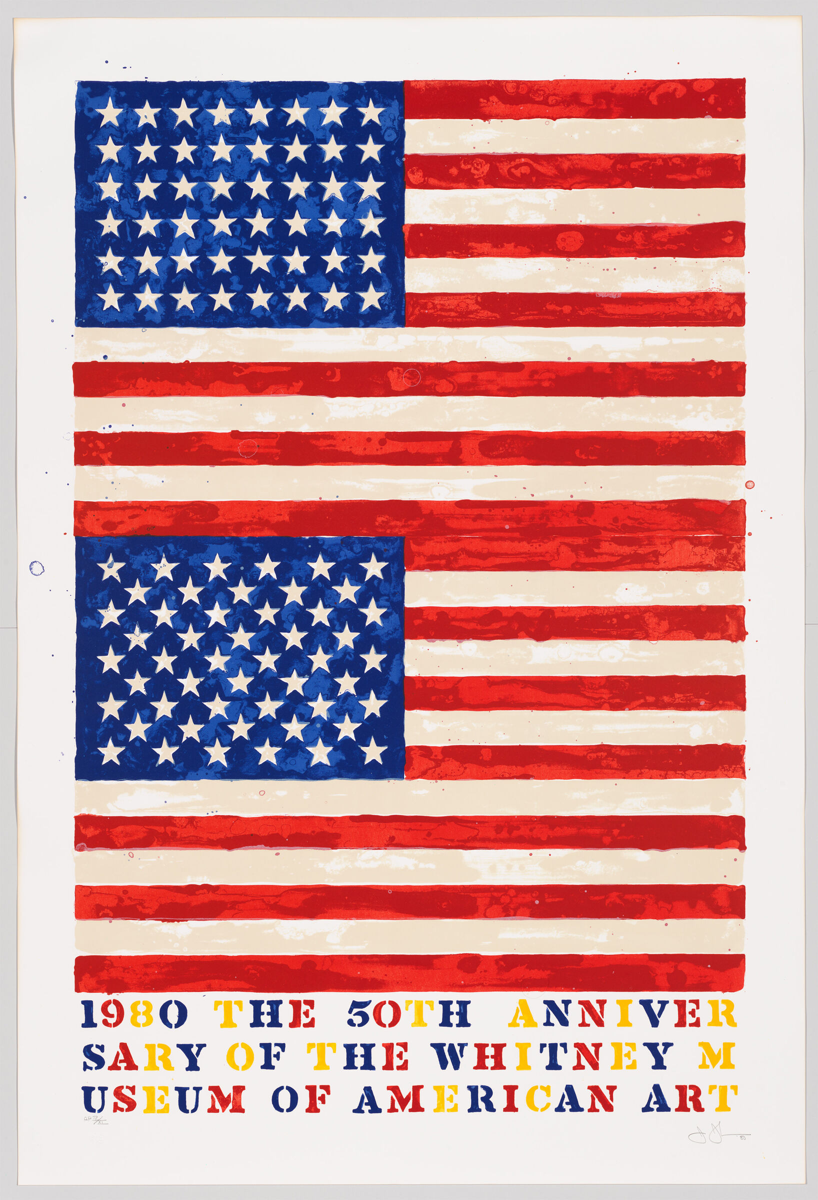 Poster of two American flags, stacked vertically, with text in red, blue, and yellow letters beneath.