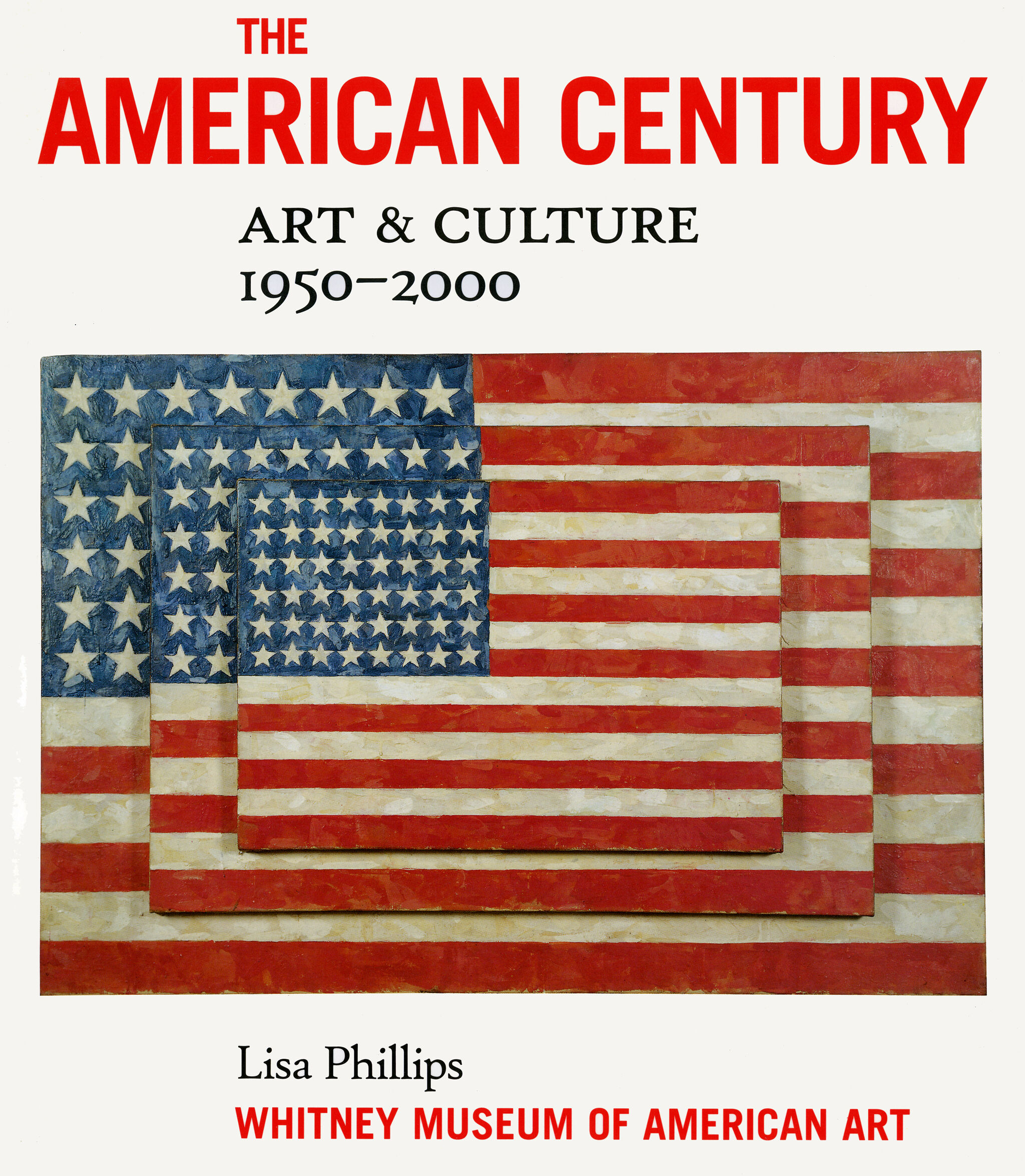Book cover with an image of stacked American flags and bold, red type.