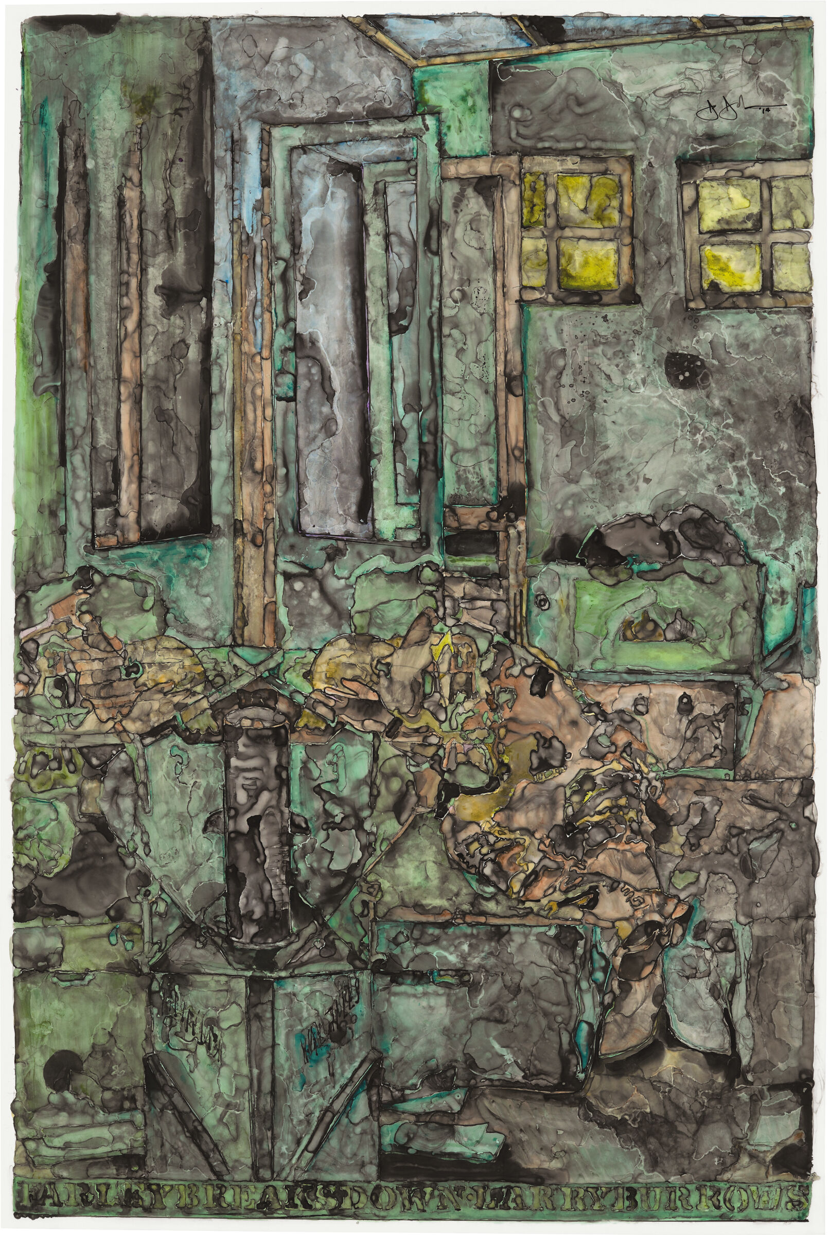 Watery green and brown composition with subtle forms of doors and windows.
