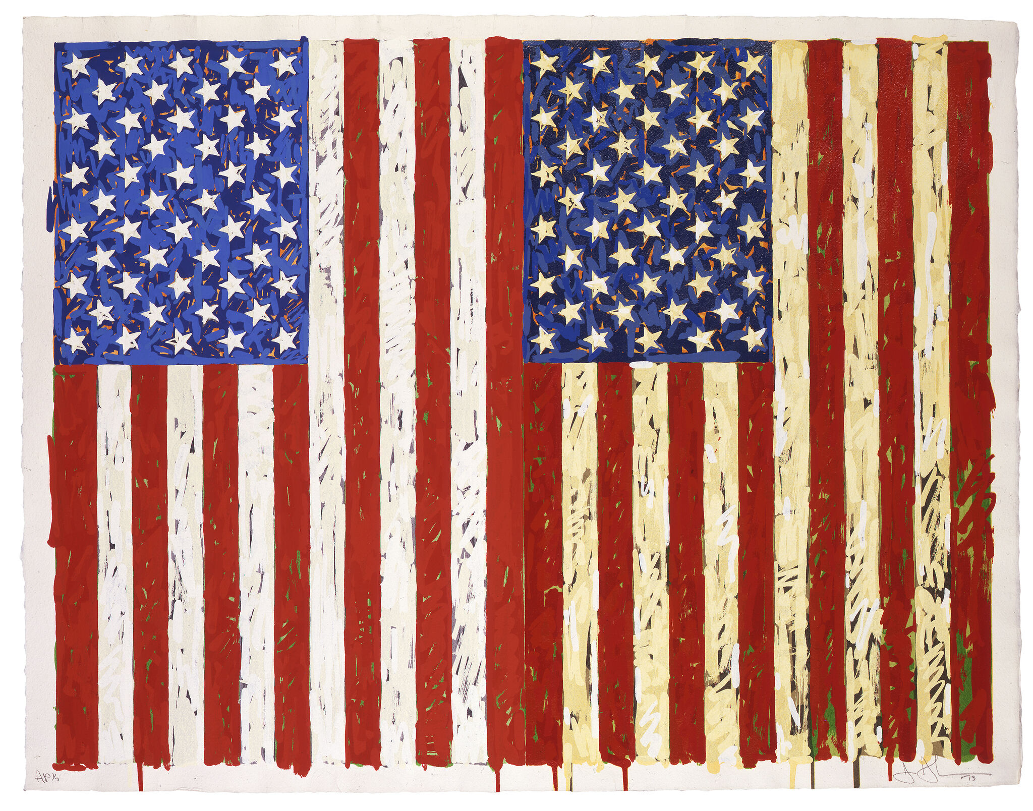 Two vertical American flags are joined together side by side. 