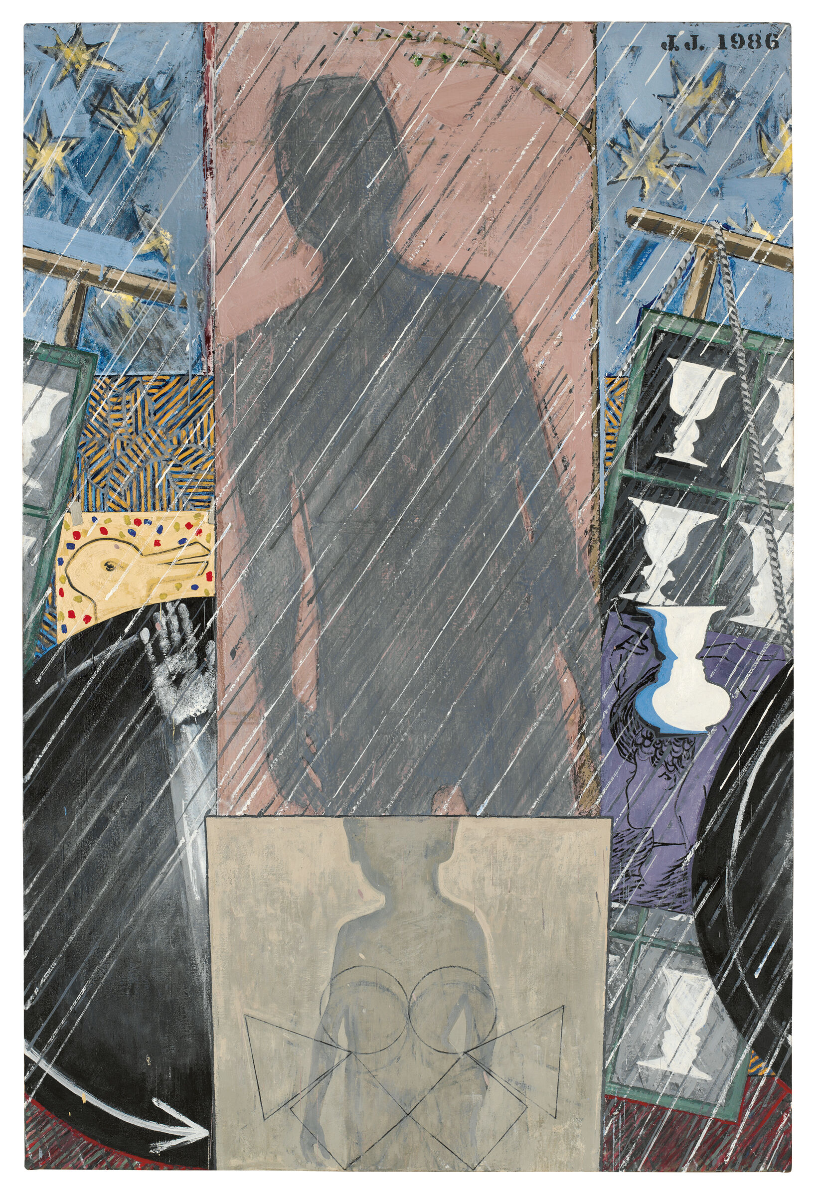 Fragmented image plane dominated by a shadowy figure of a man, with a collage of objects surrounding the central image panel.