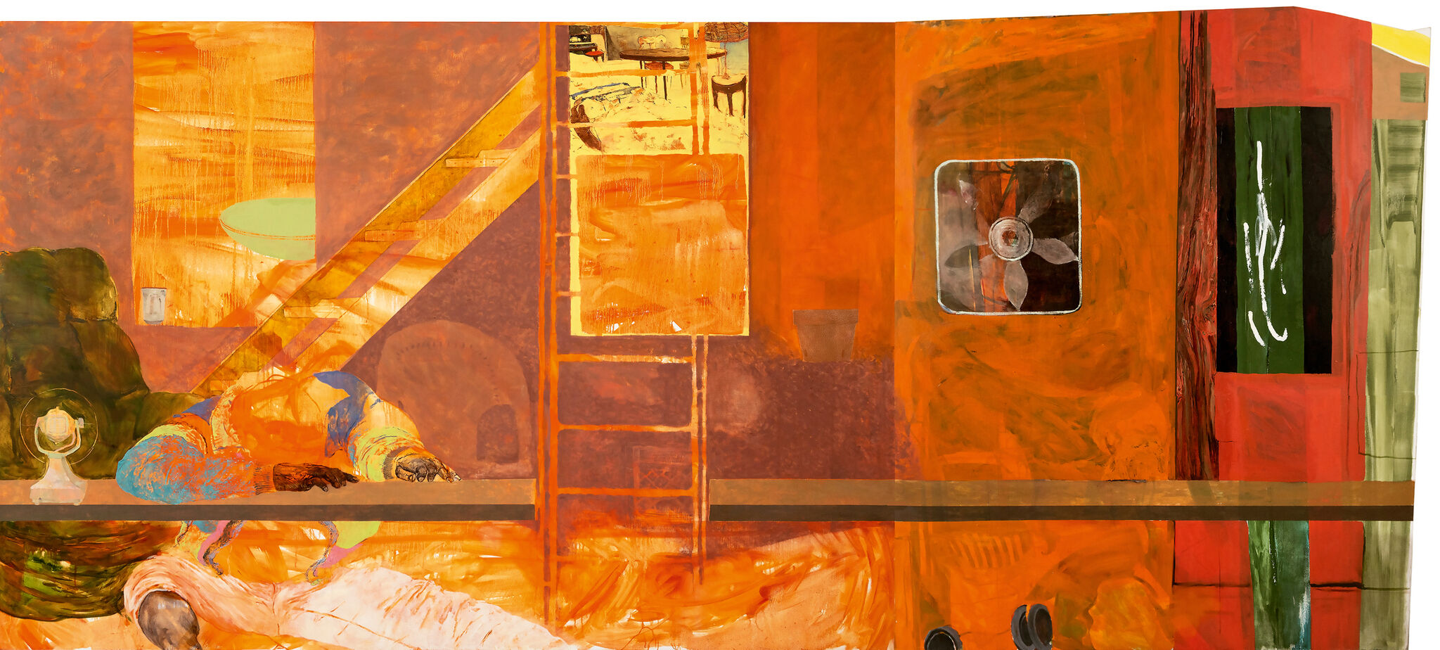 A figure slumped over a table in an orange-toned room, with fans, a ladder, and stairs in the background.