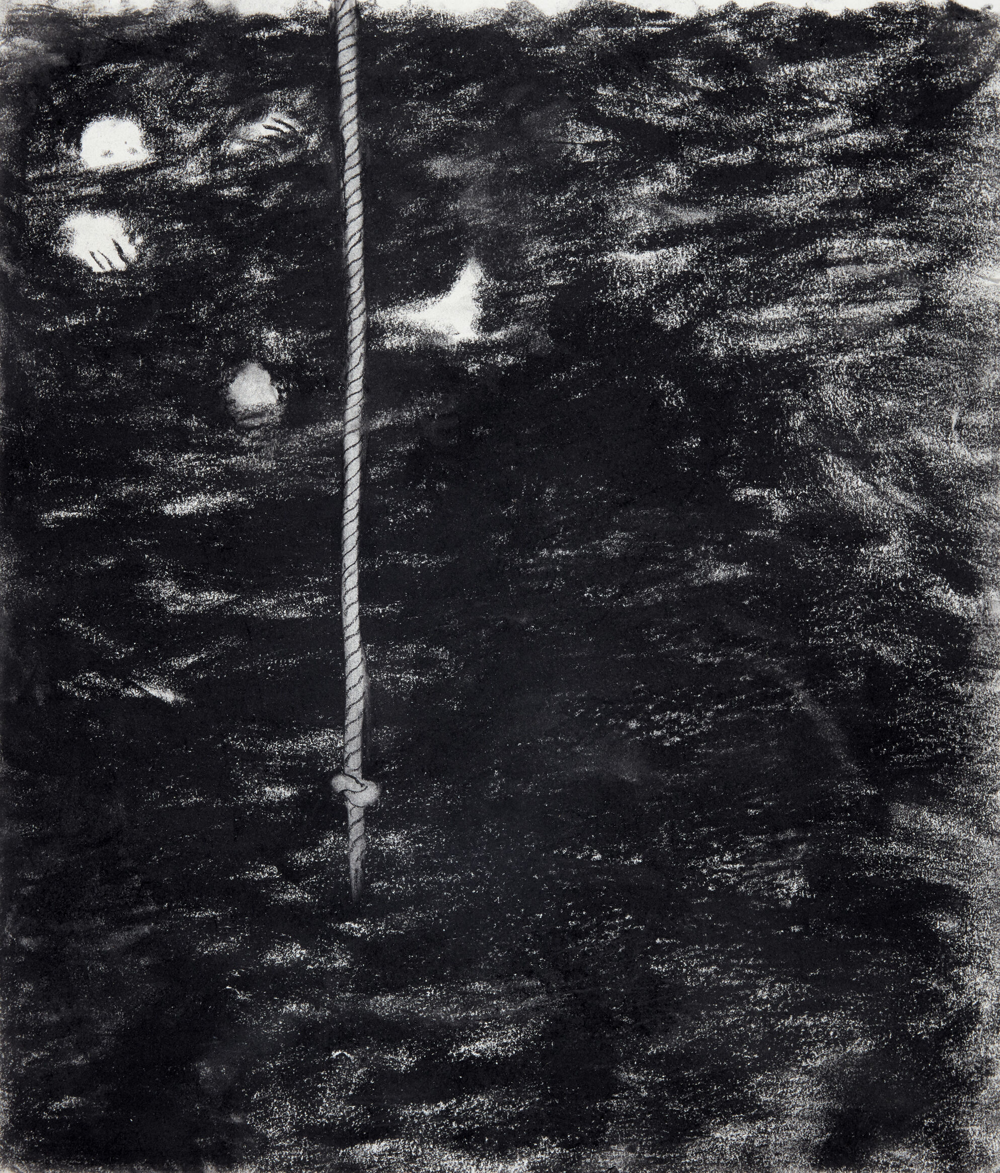 A figure's head, hands, and feet peak out of murky black waters, with a large, knotted rope dominating the left half of the composition.