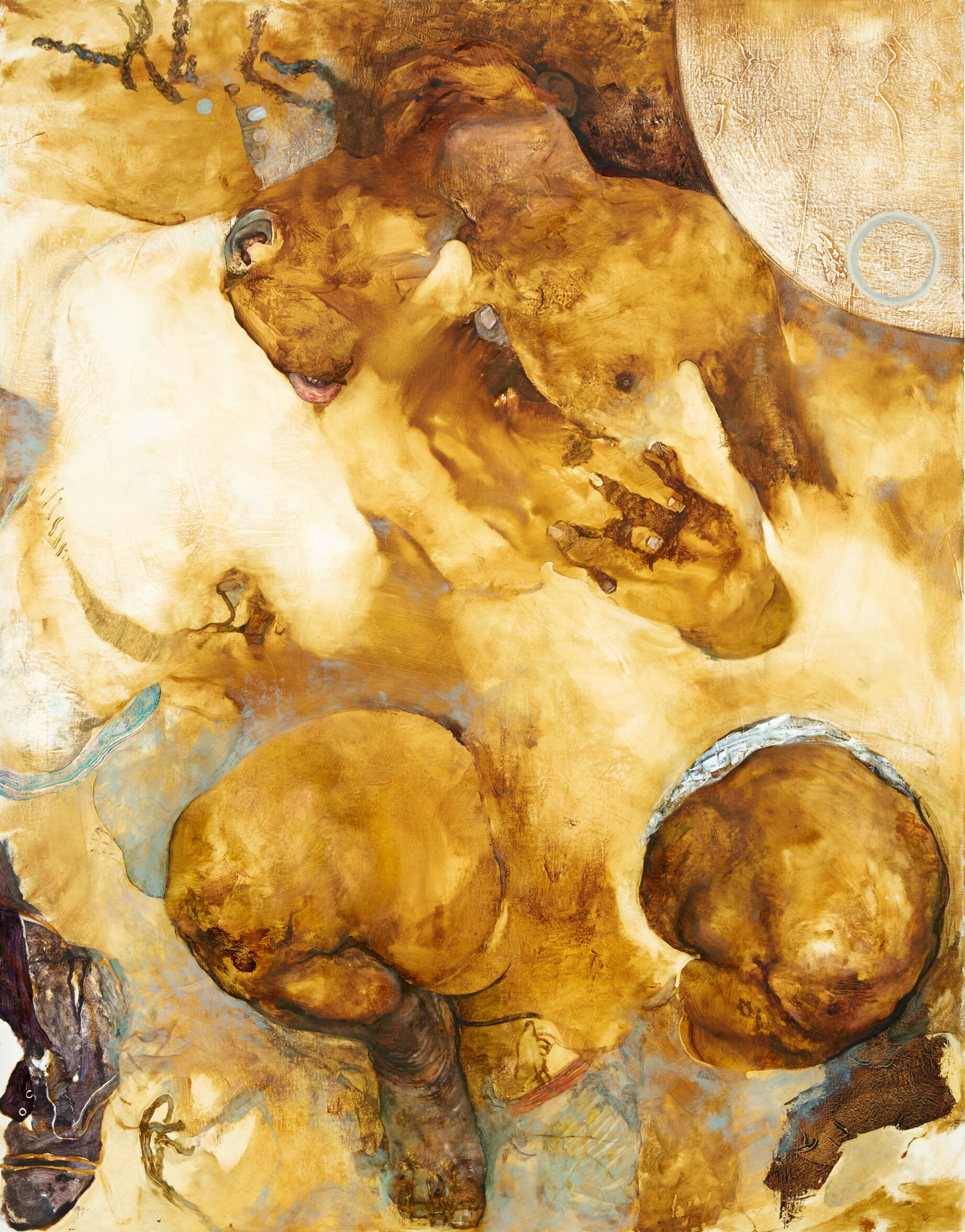 A nude figure lying back, with knees bent.
