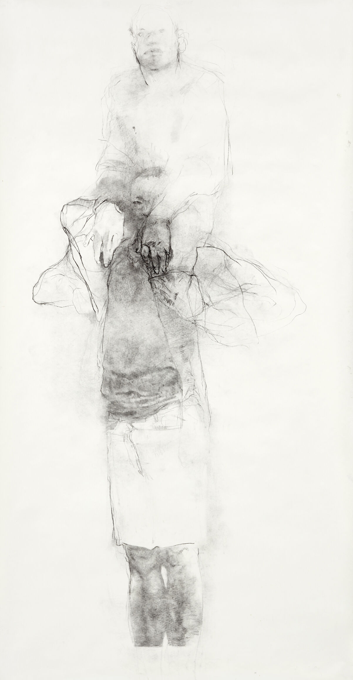 Drawing of a male figure, sitting atop a standing male figure's shoulders.