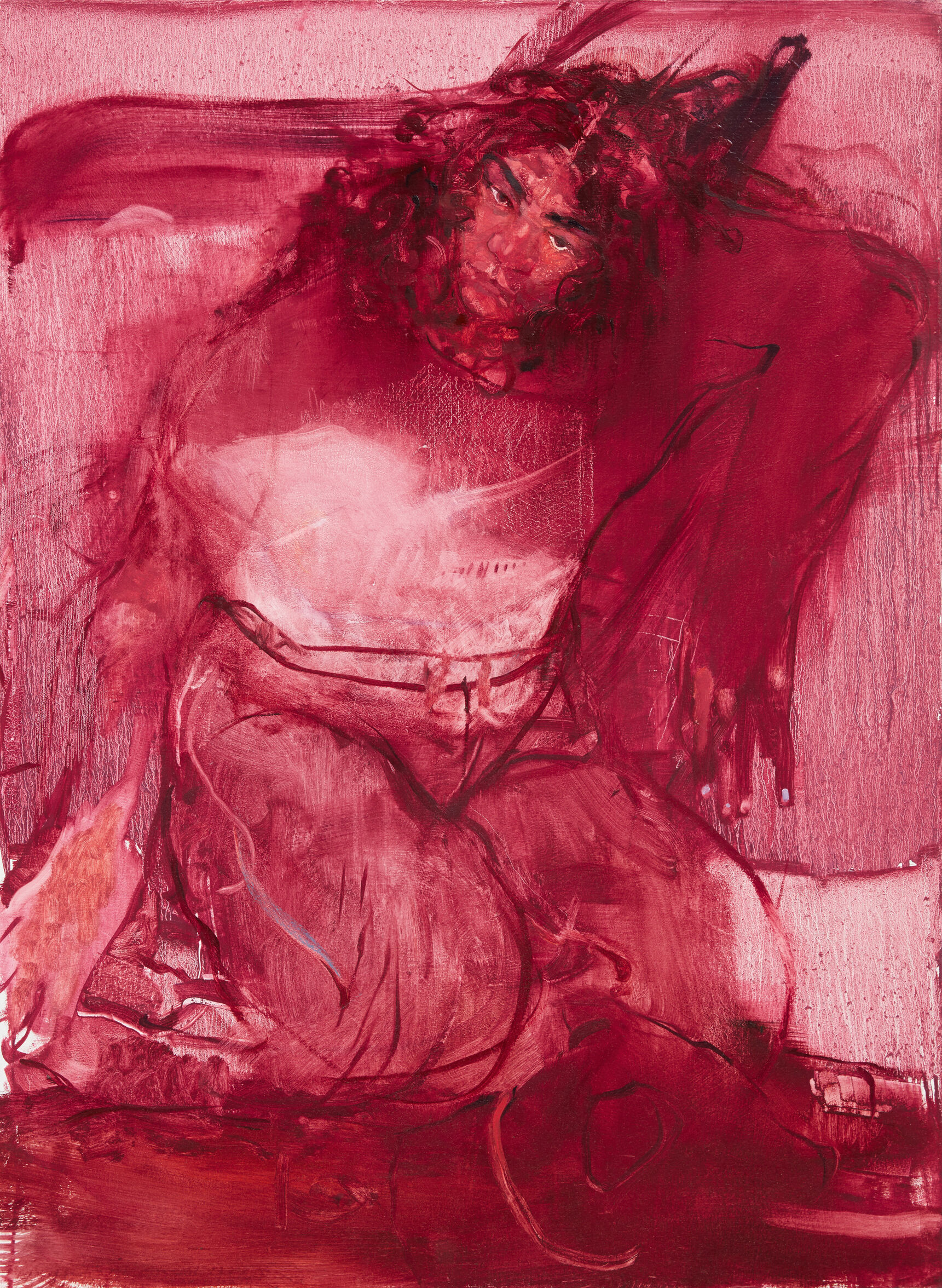 A kneeling female figure, leaning back nonchalantly and meeting the viewer's gaze, painted in various dark pink tones.
