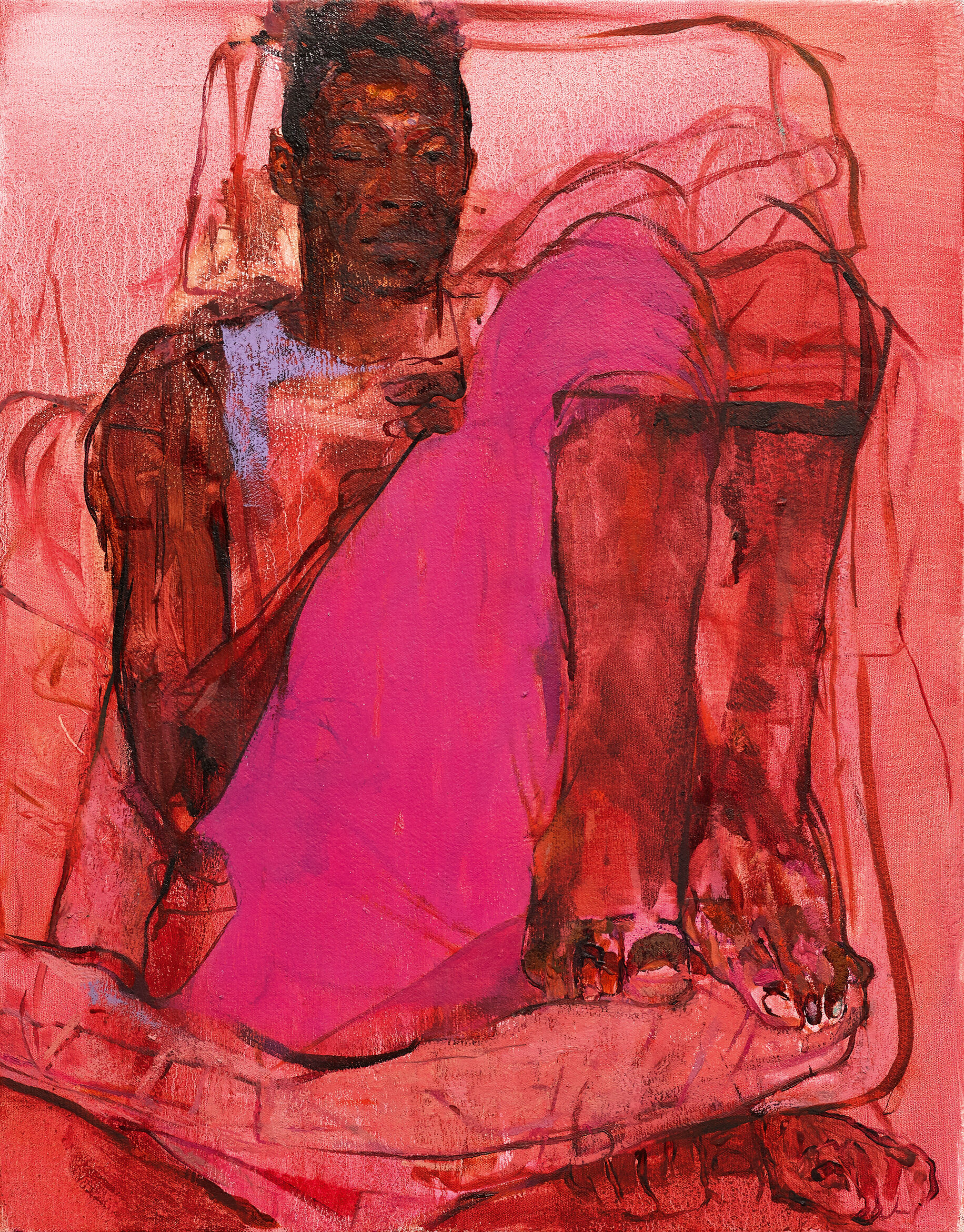 A figure sits back, with knees drawn close in, and meets the viewer's gaze.