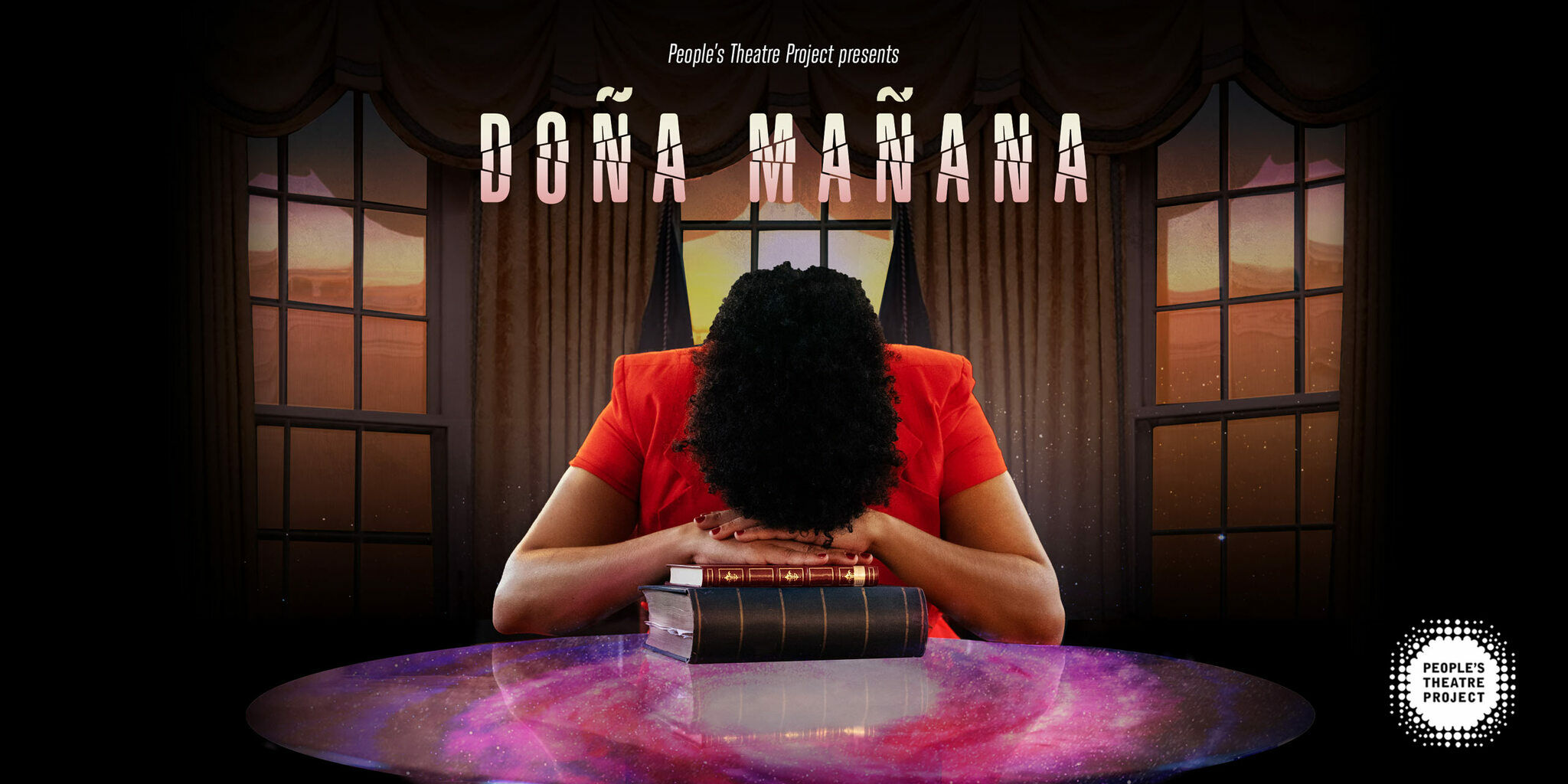 An event graphic with a woman resting her head on a pair of books and the words Doña Mañana above her.