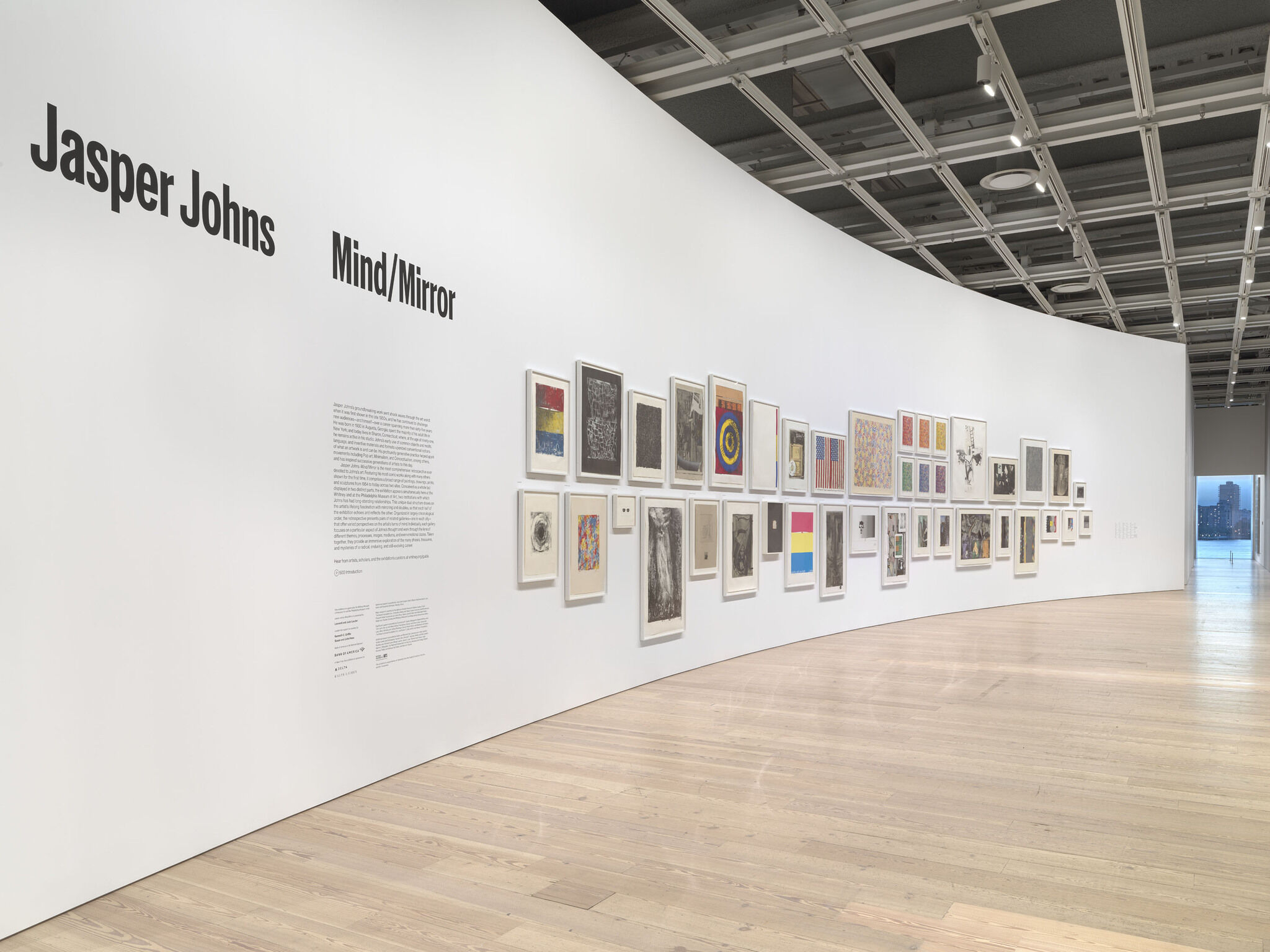 A white exhibition wall with a series of mounted works and decal text that reads "Jasper Johns Mind/Mirror."