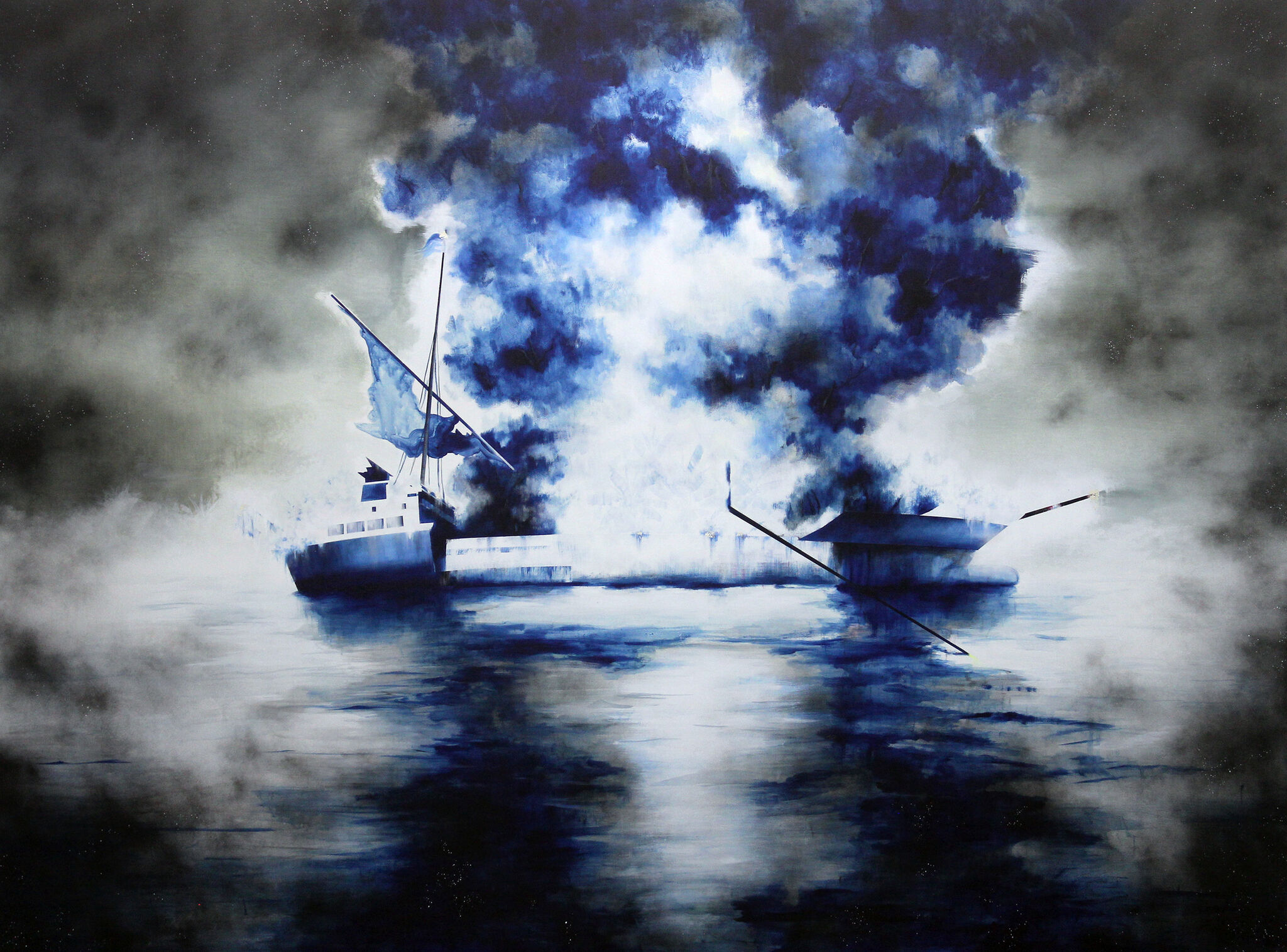 A ship consumed in a large plume of blue and white smoke, against a smoky gray sky.