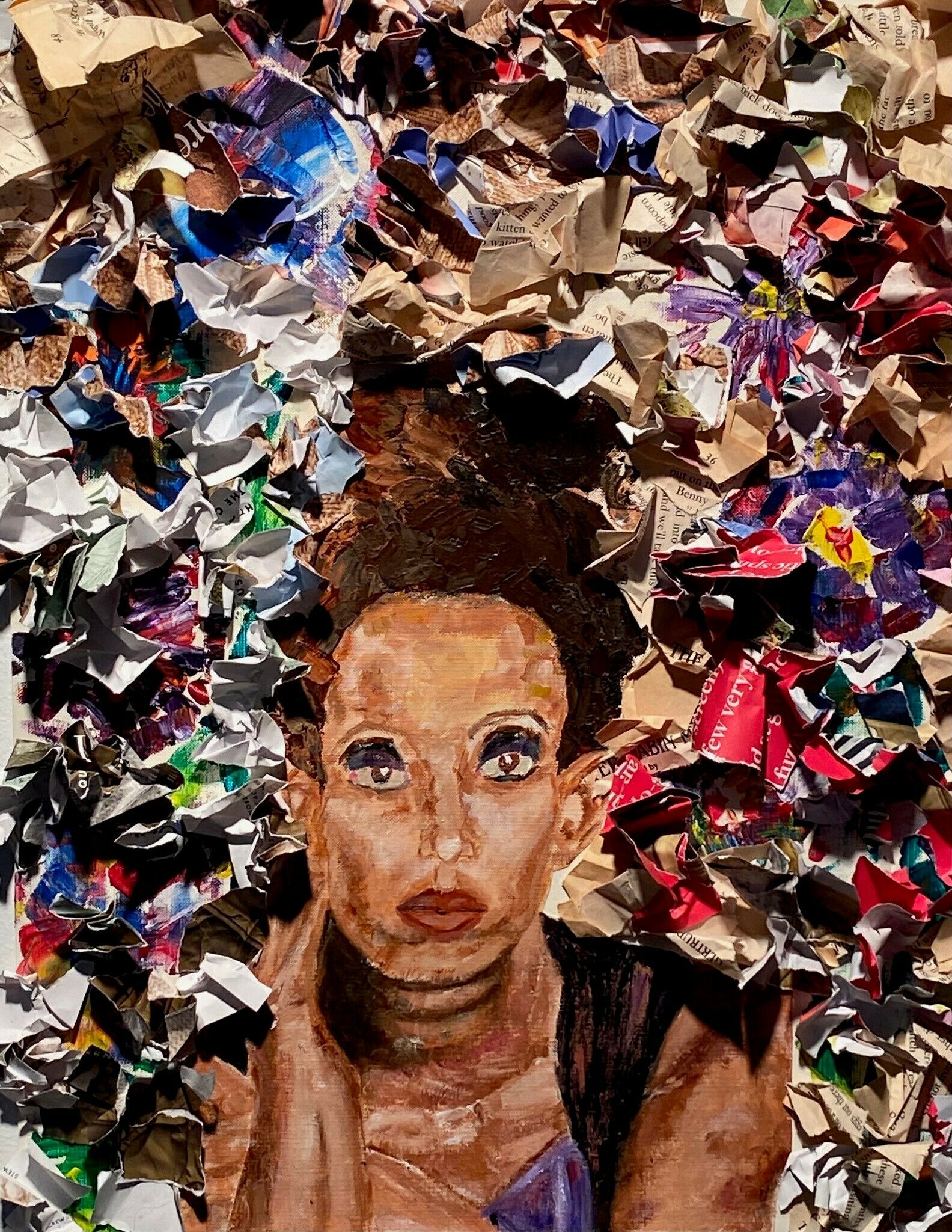 A painting of a woman in front of a mosaic-like background. 