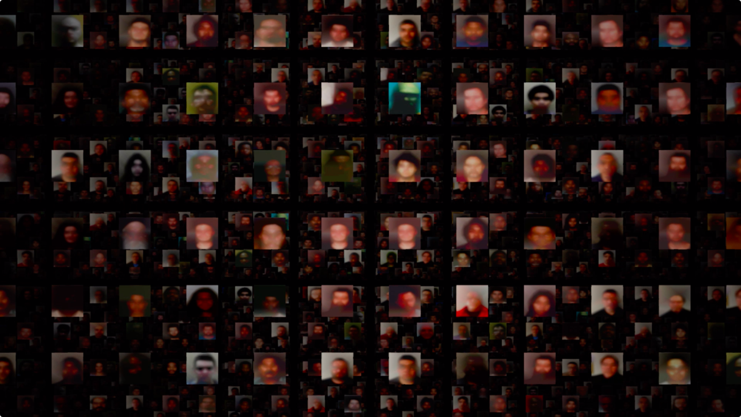 Blurred images of mugshots arranged in a grid against a black background.