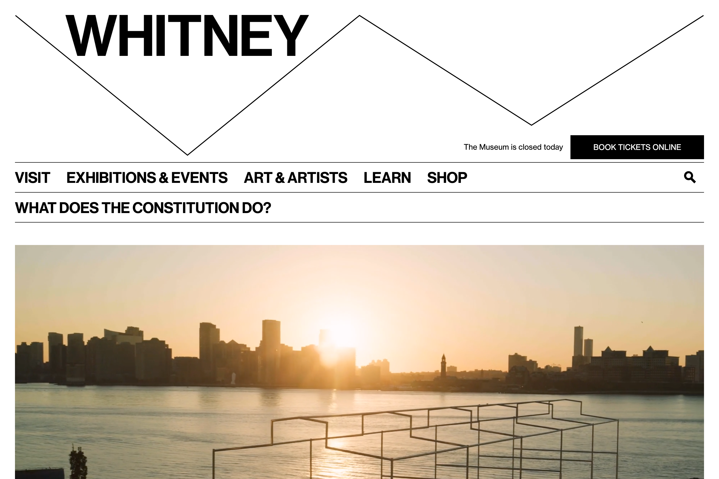 Screenshot of whitney.org homepage, with additional text below the navigation that says "What Does the Constitution Do?"