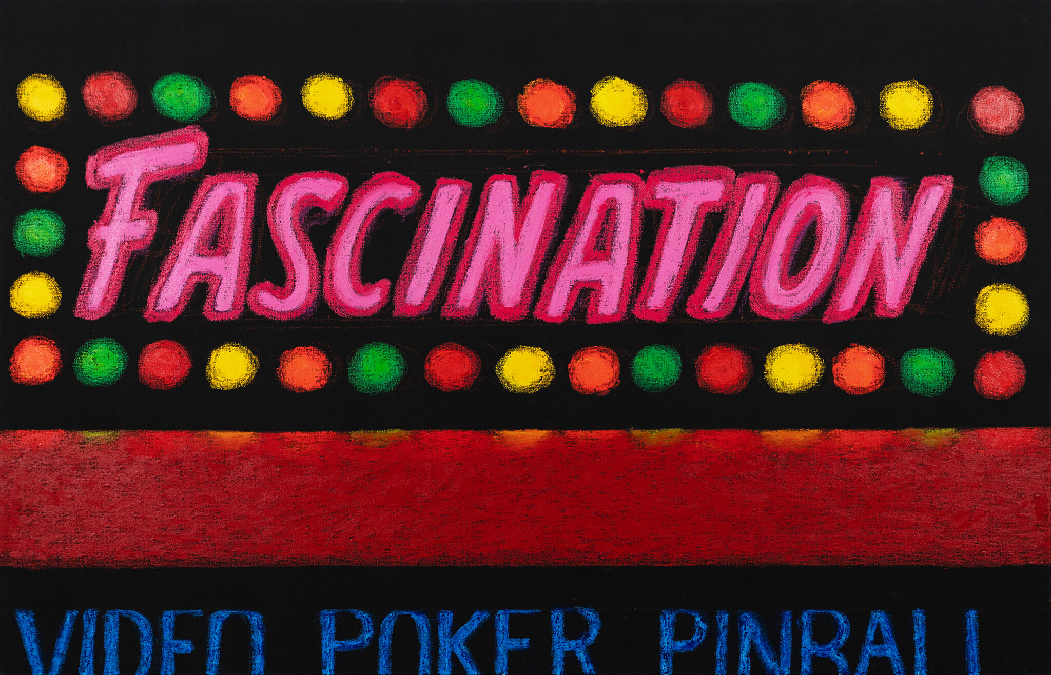 A series of multicolored lights, made to resemble a marquee sign, surrounding the word Fascination written in bold pink.