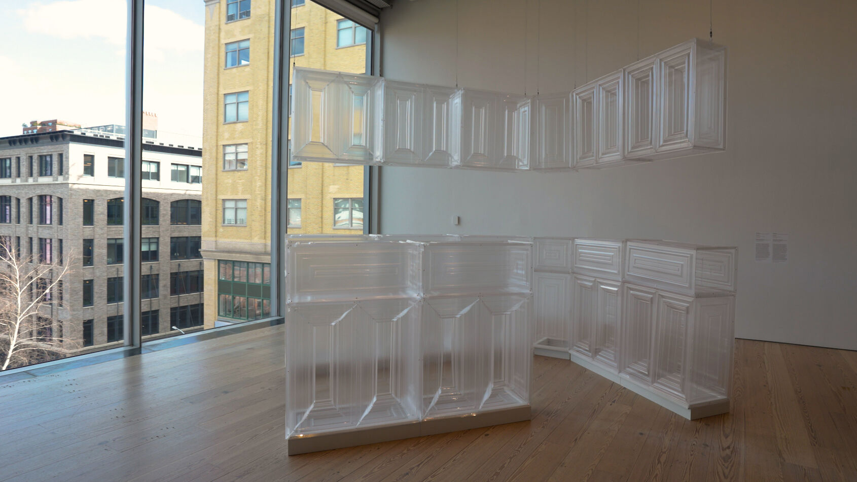 An arrangement of plastic constructs made to look like kitchen cabinets. 