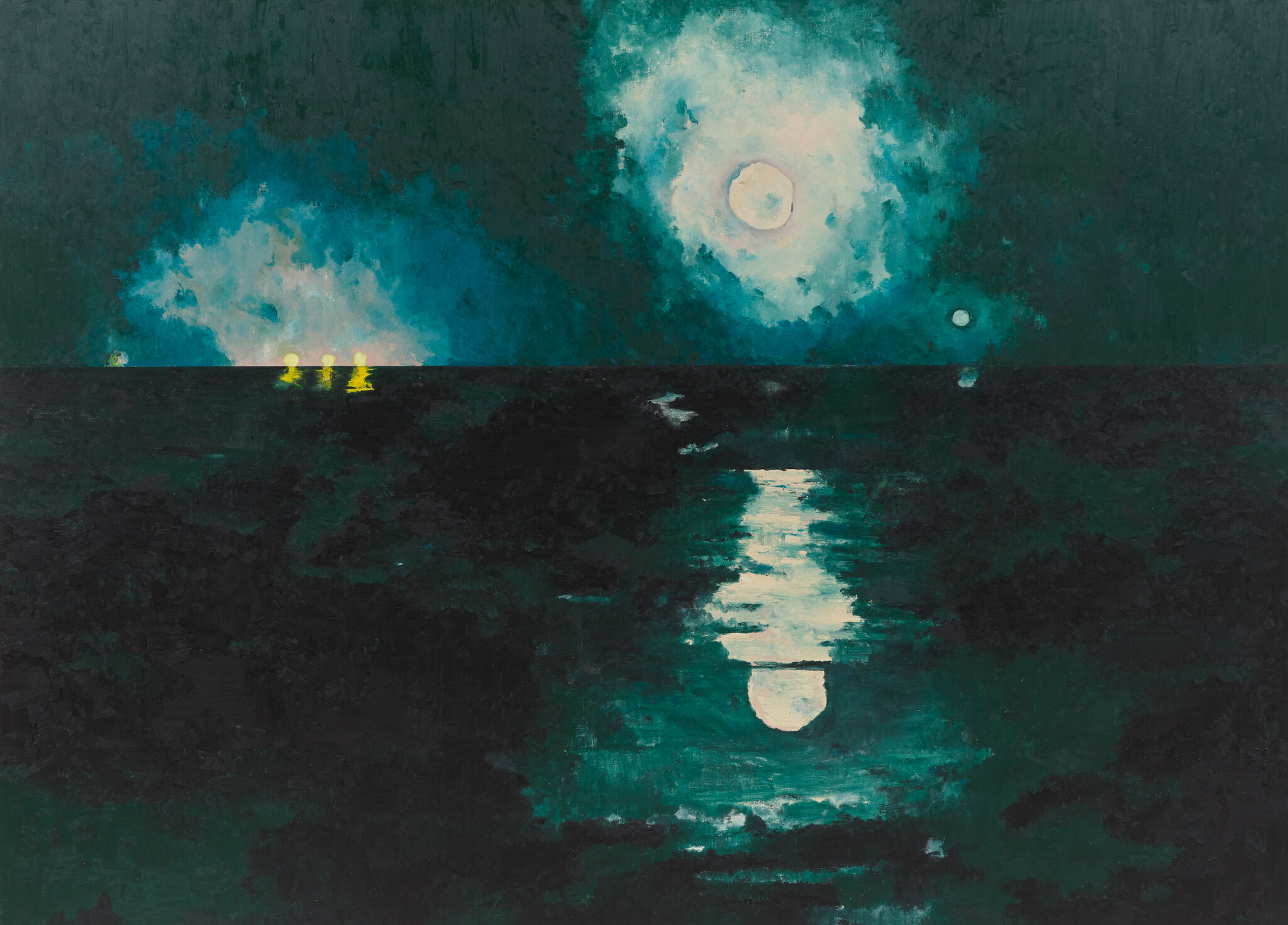 A blue-green night sky reflecting a white moon on a vast blue-green body of water with three yellow lights in the distance to the left, also reflecting on the water.