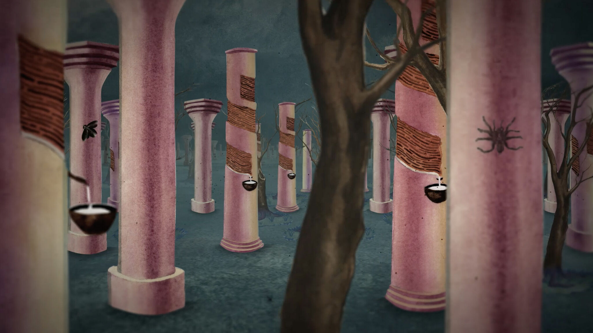 A series of pink columns, interspersed with leafless trees, against a smoky, bluish-gray background. Some of the columns appear to have been tapped for sap as though they were trees. A spider and a fly have lighted on two of the columns.