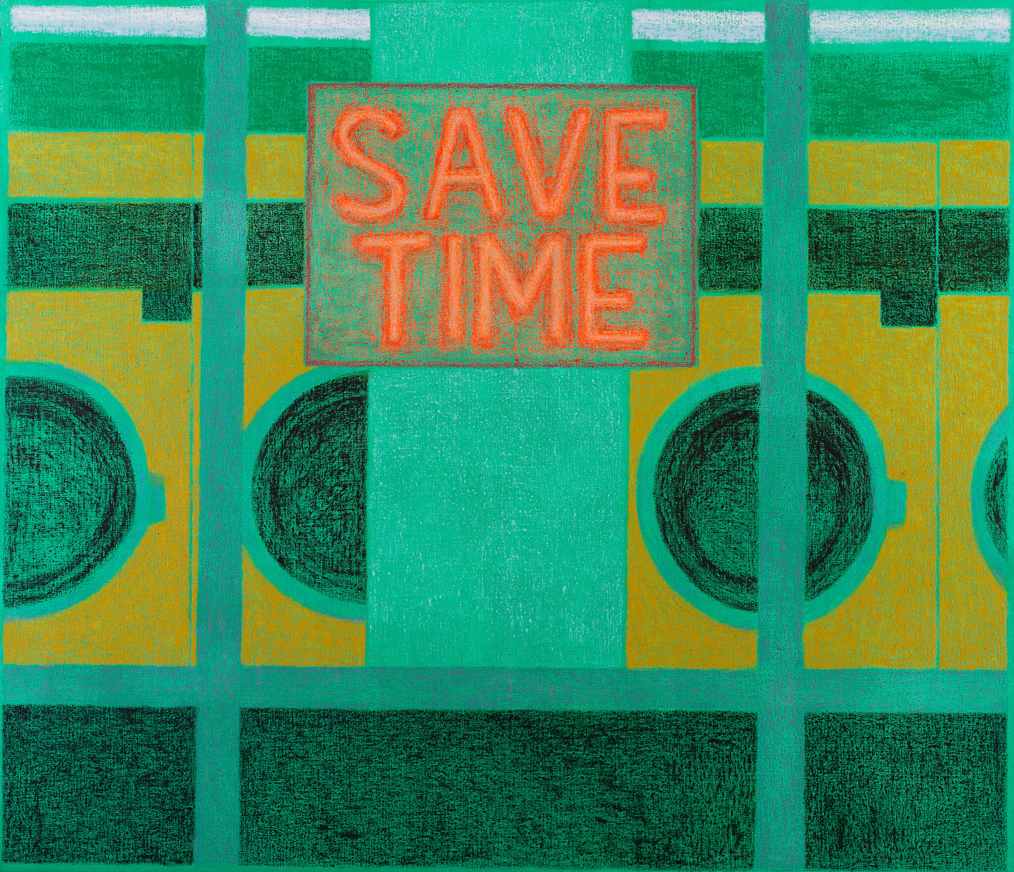 Green-and-yellow geometric canvas with the words "Save Time" in bright red letters on a sign in the top center of the composition.