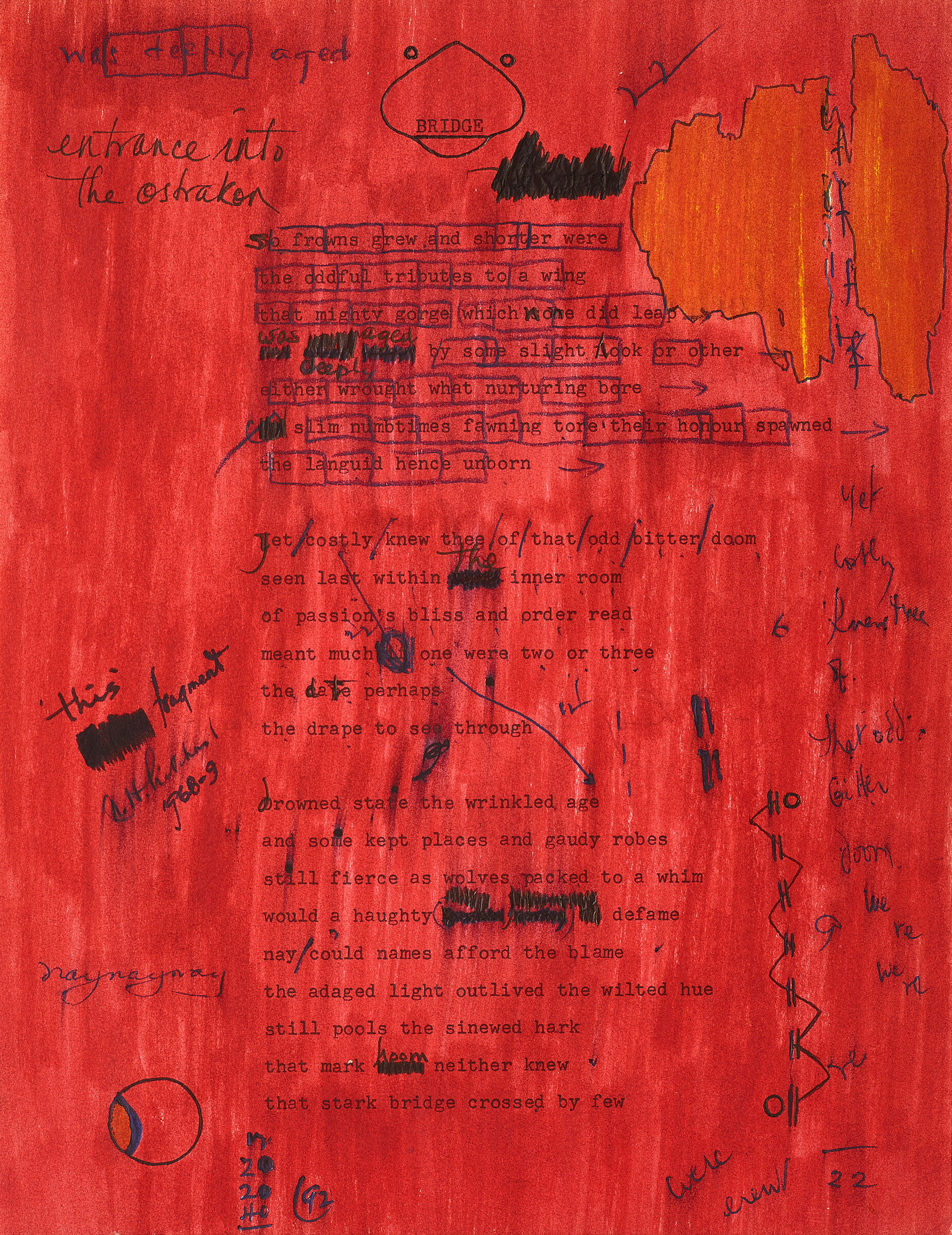 Red-colored paper with typewritten text, entitled "Bridge", marked up, annotated, and with the margins filled with doodles. 