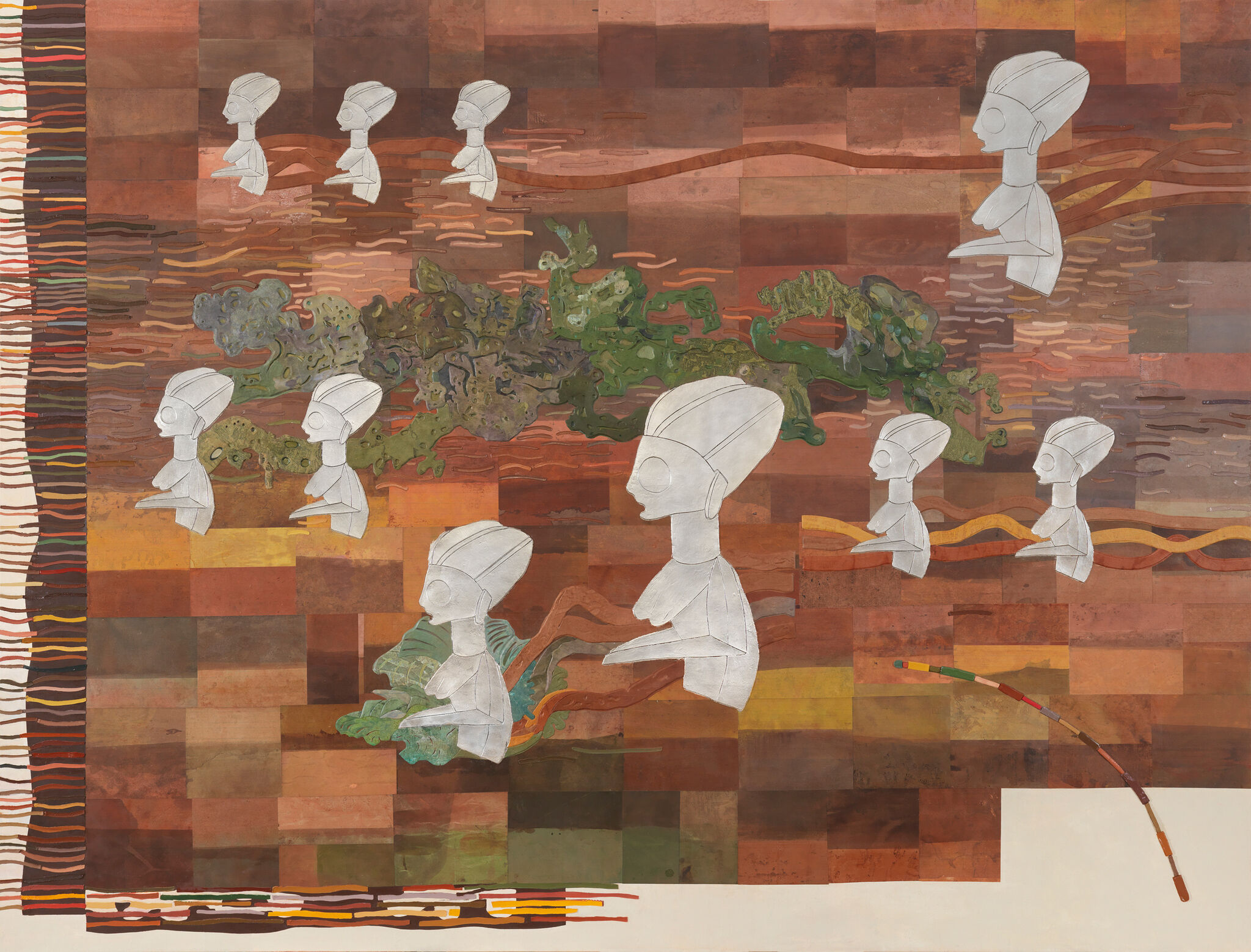 Several white, two-dimensional, human-like figures placed on a backdrop of earth tone rectangles.