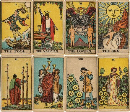 Eight Tarot cards illustrated with human figures and natural elements like the sun, plants and sea wave.