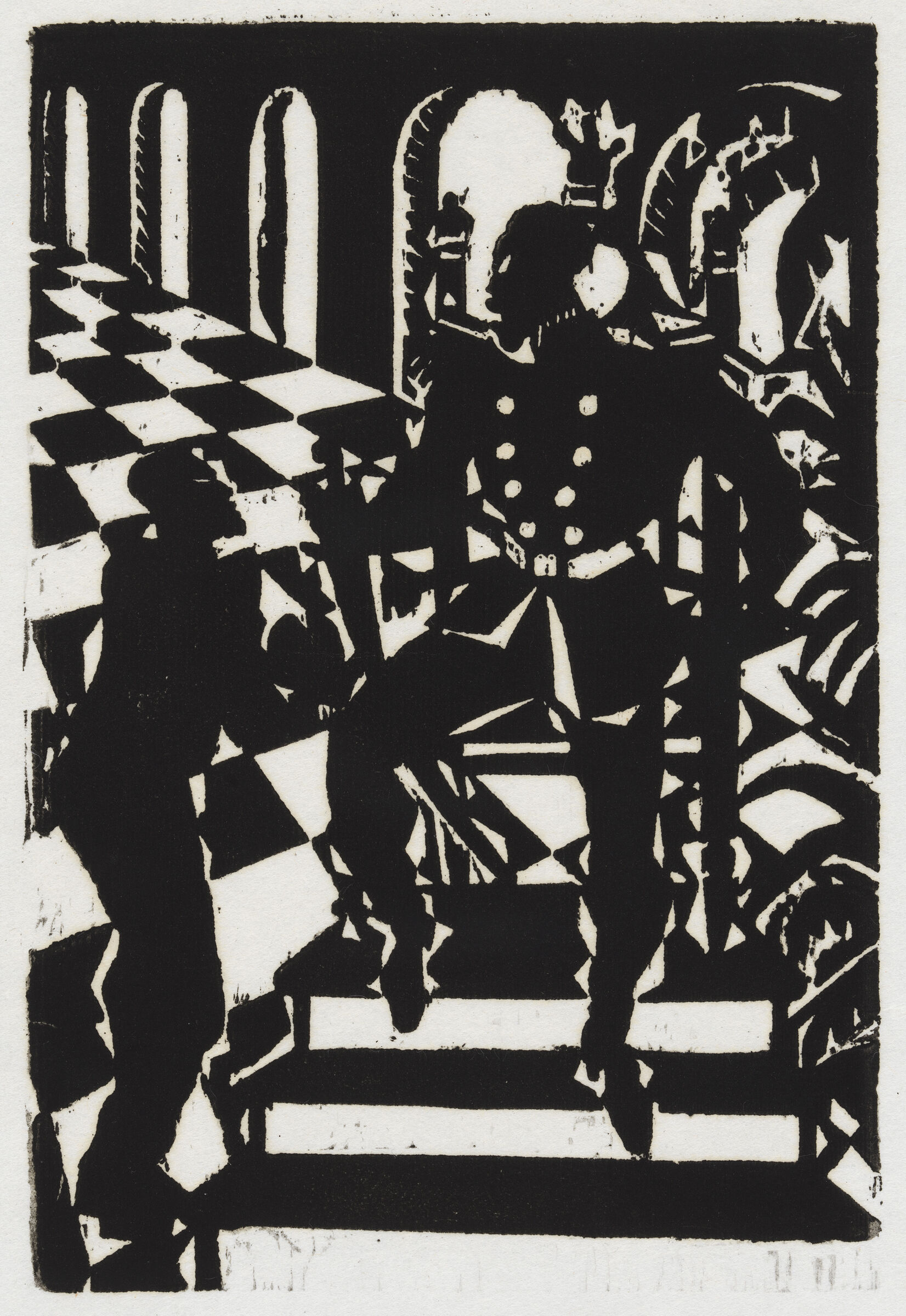 A black and white print of a seated figure on a raised platform interacting with an approaching figure on the steps below.