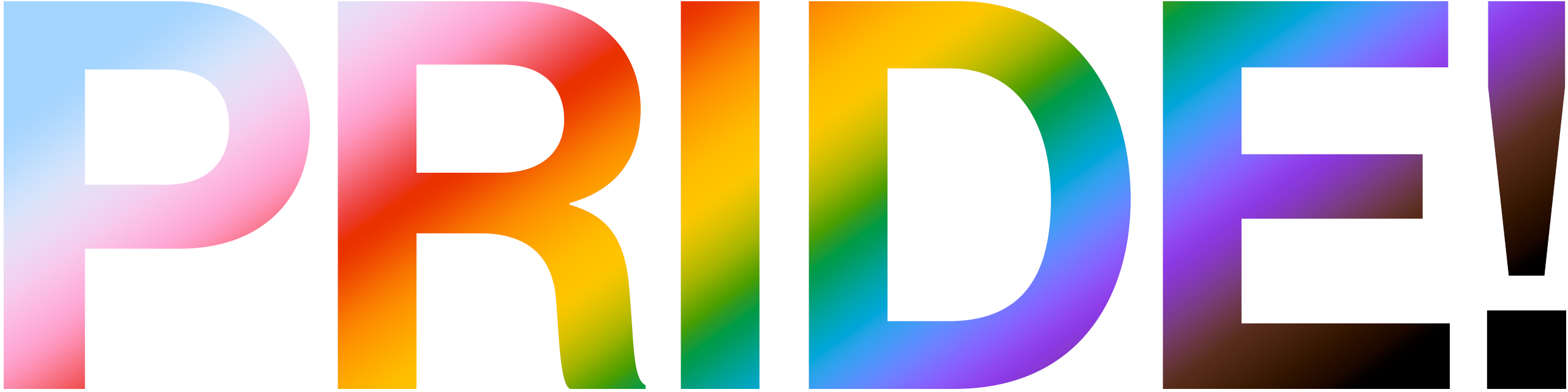 A letter graphic that spells out Pride in a rainbow gradient. 