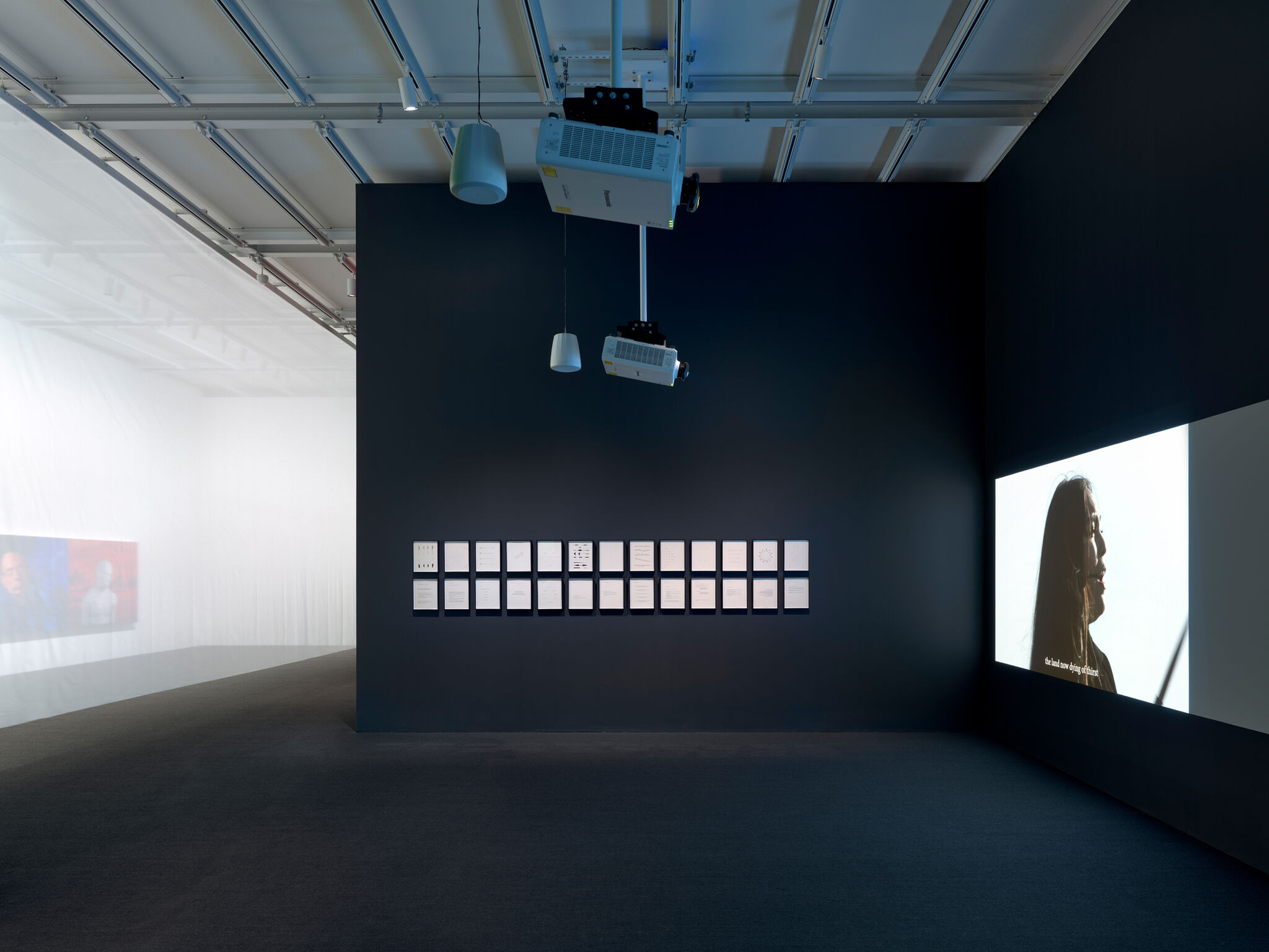 Video projected on a wall at the Whitney Museum of American Art showing a woman singing.