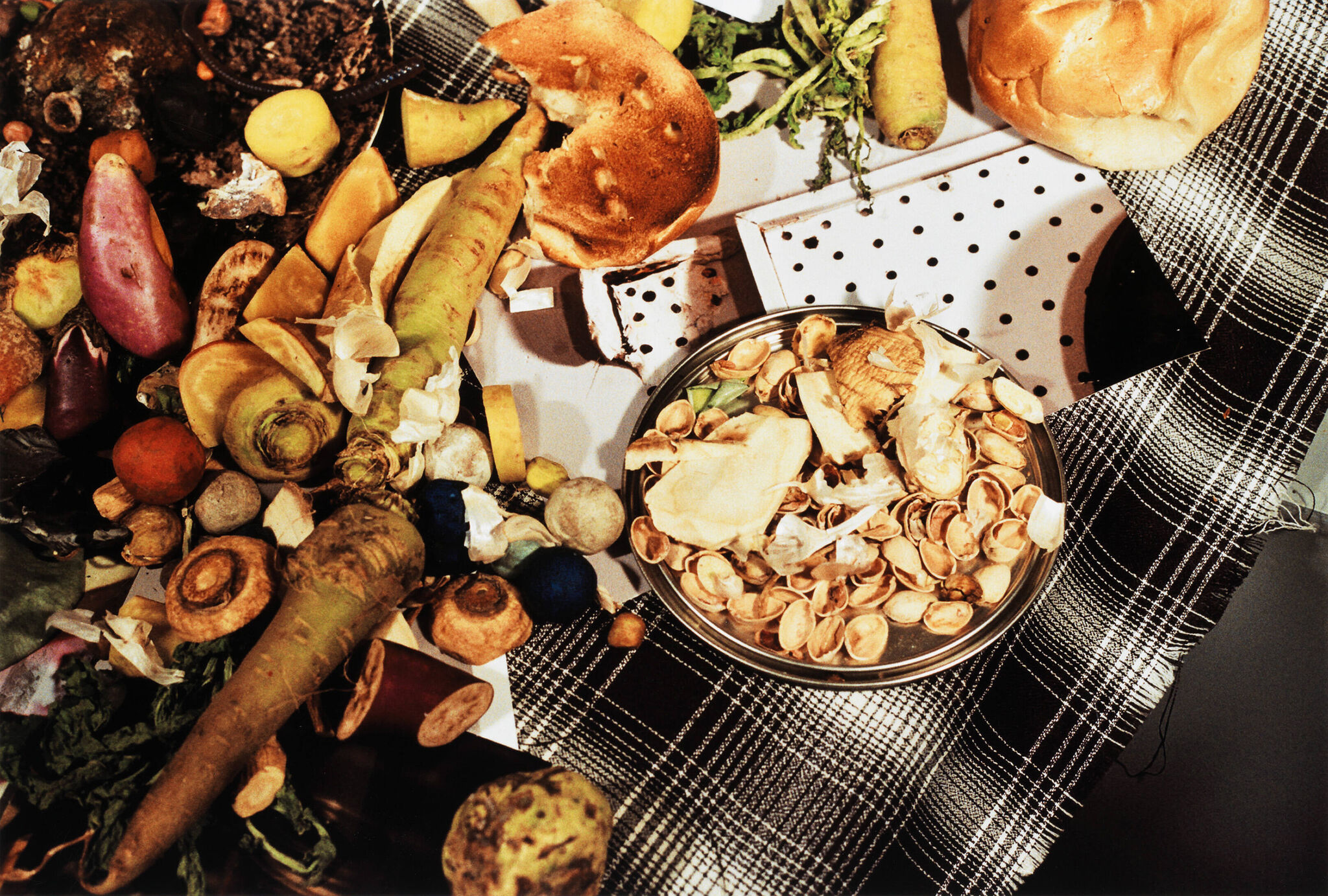 Still life photograph of various foods—including empty pistachio shells, root vegetables, bread loaves, and mushrooms—atop a gingham blanket.